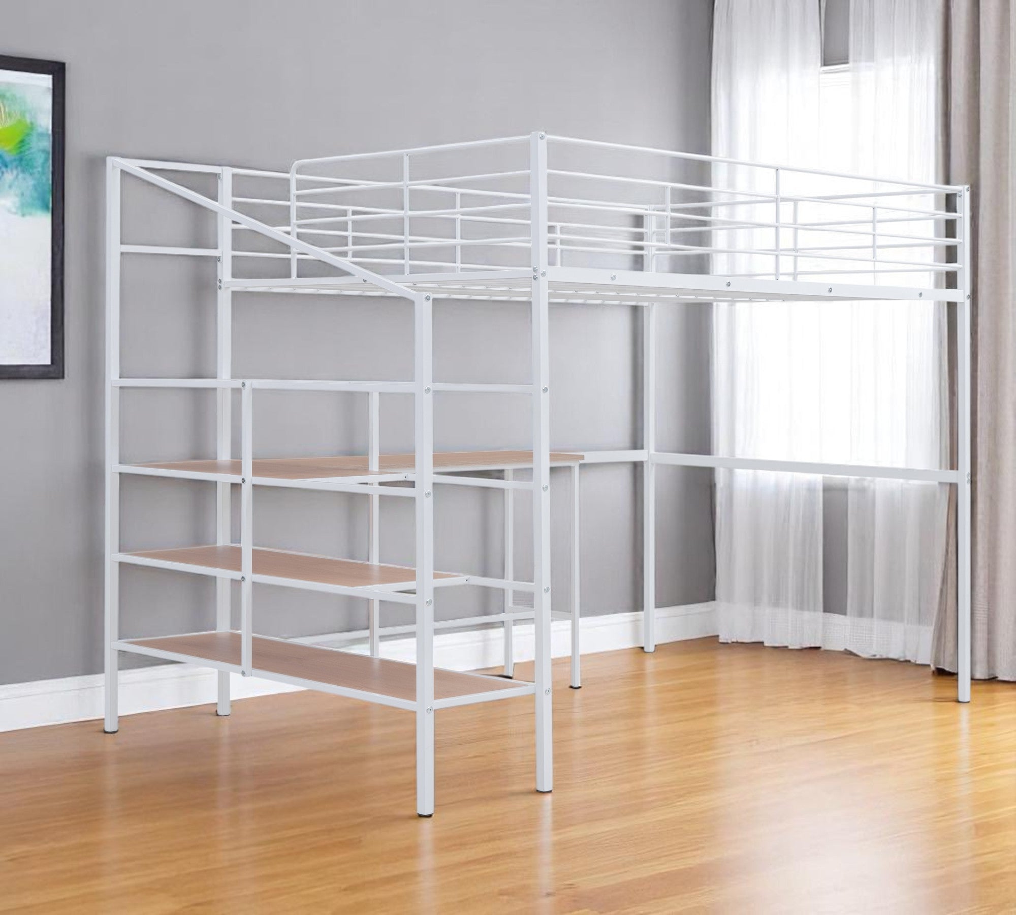 White And Brown Platform Wood And Metal Full Double Loft Bed With Stairs Desk And Shelves