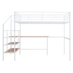 White And Brown Platform Wood And Metal Full Double Loft Bed With Stairs Desk And Shelves