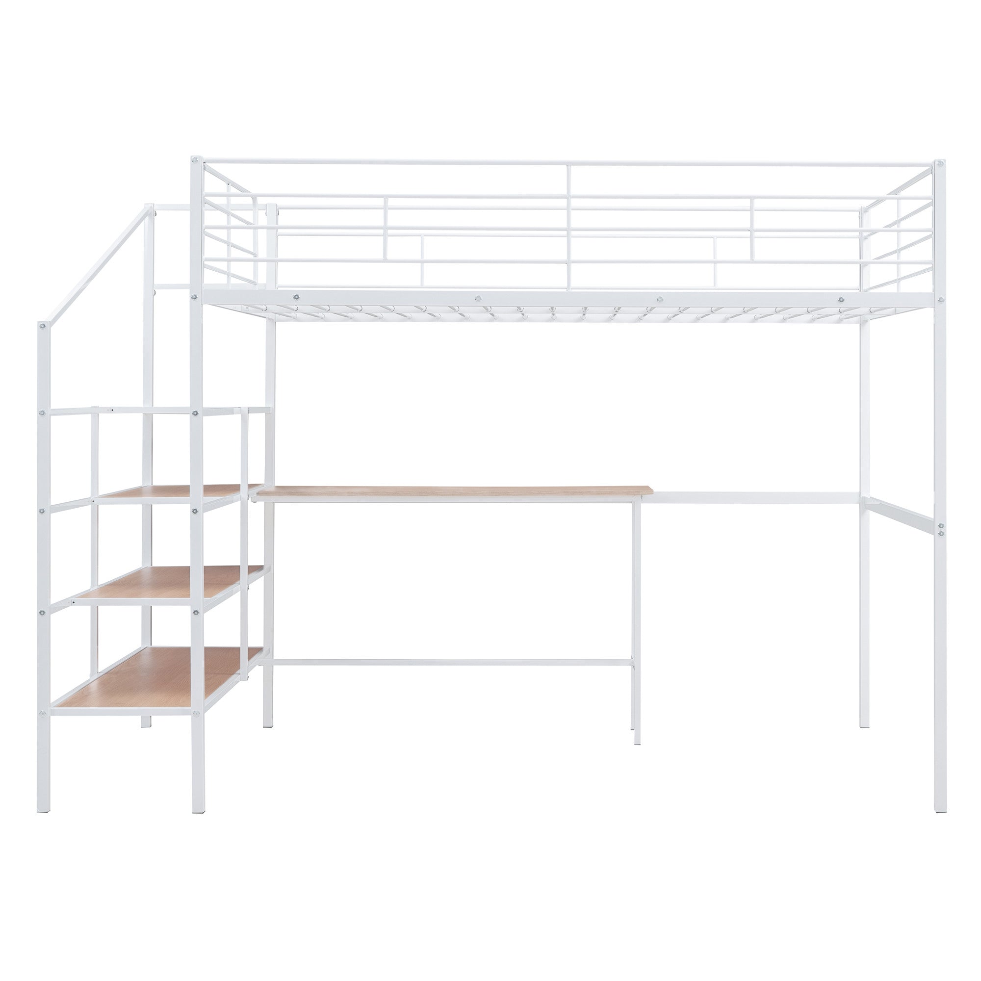 White And Brown Platform Wood And Metal Full Double Loft Bed With Stairs Desk And Shelves
