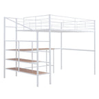 White And Brown Platform Wood And Metal Full Double Loft Bed With Stairs Desk And Shelves