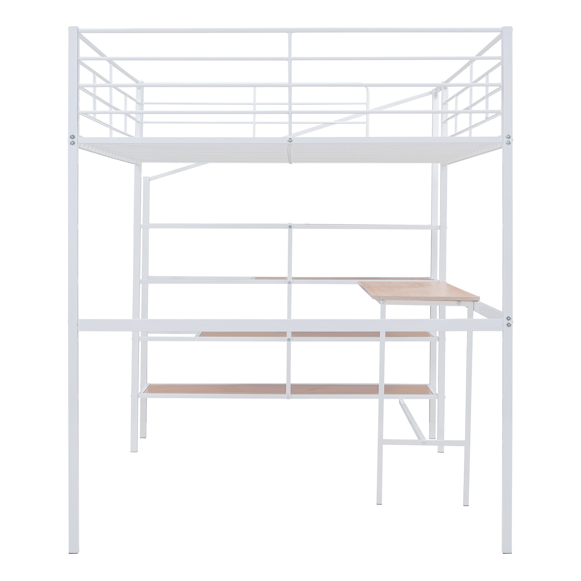 White And Brown Platform Wood And Metal Full Double Loft Bed With Stairs Desk And Shelves