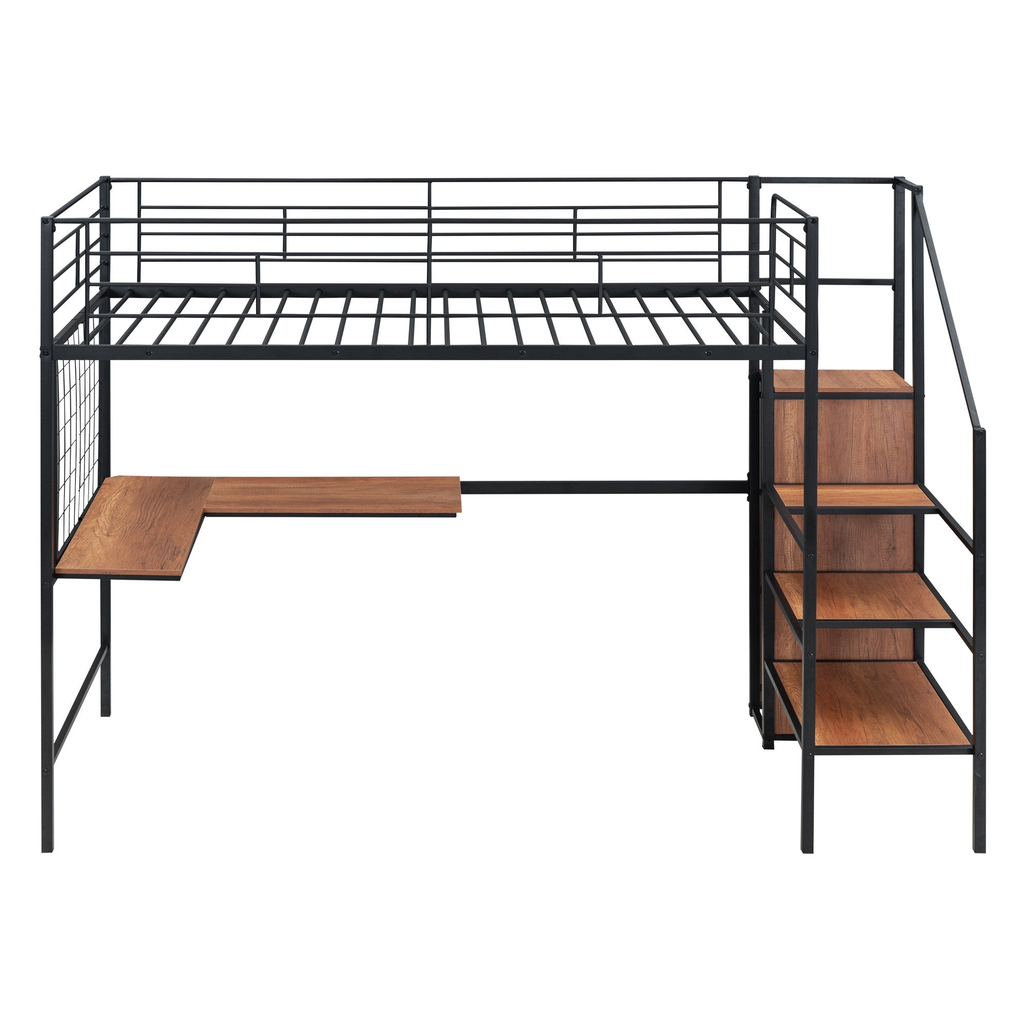 Black Platform Solid and Manufactured Wood And Metal Twin Loft Bed with Desk and Shelves