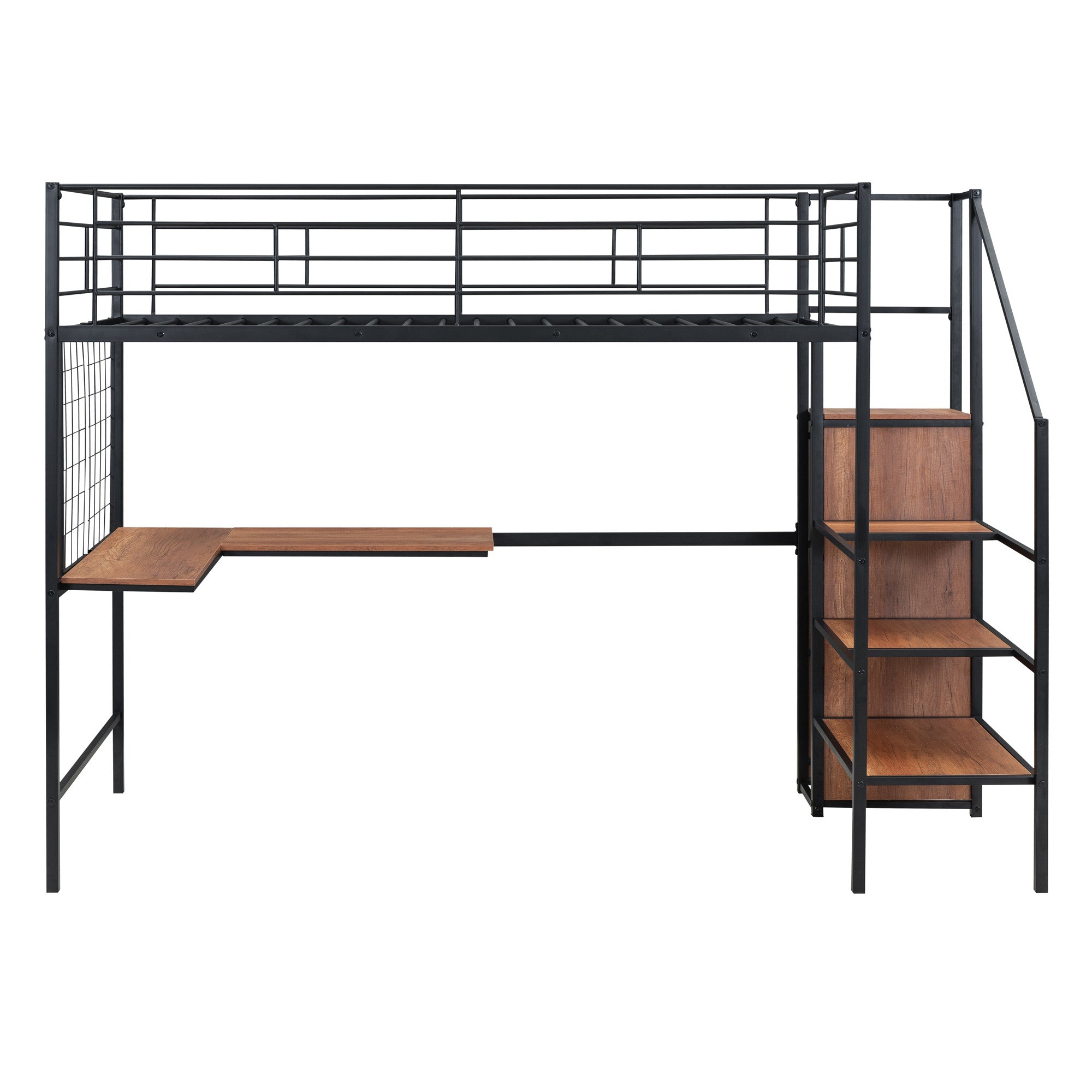 Black Platform Solid and Manufactured Wood And Metal Twin Loft Bed with Desk and Shelves