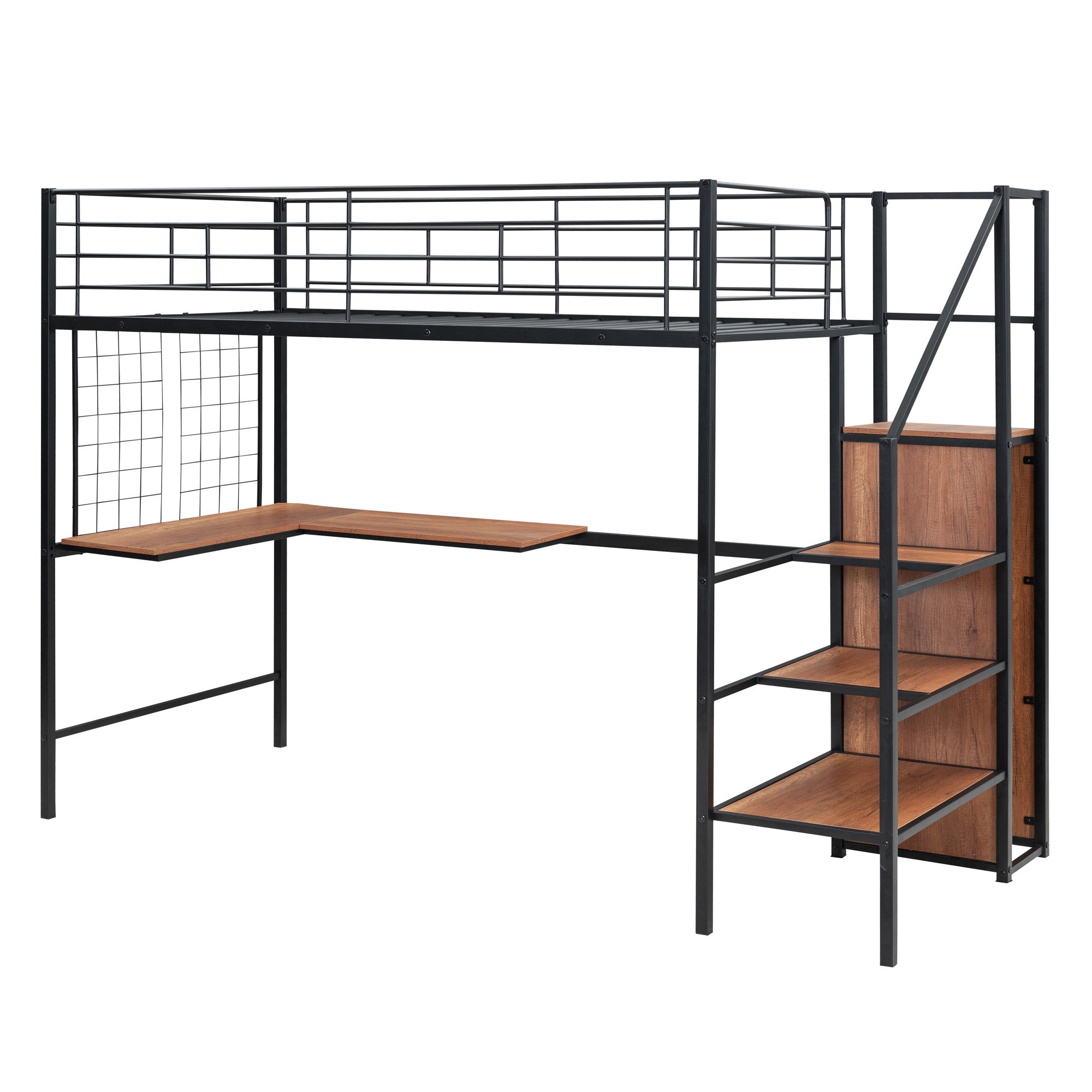 Black Platform Solid and Manufactured Wood And Metal Twin Loft Bed with Desk and Shelves