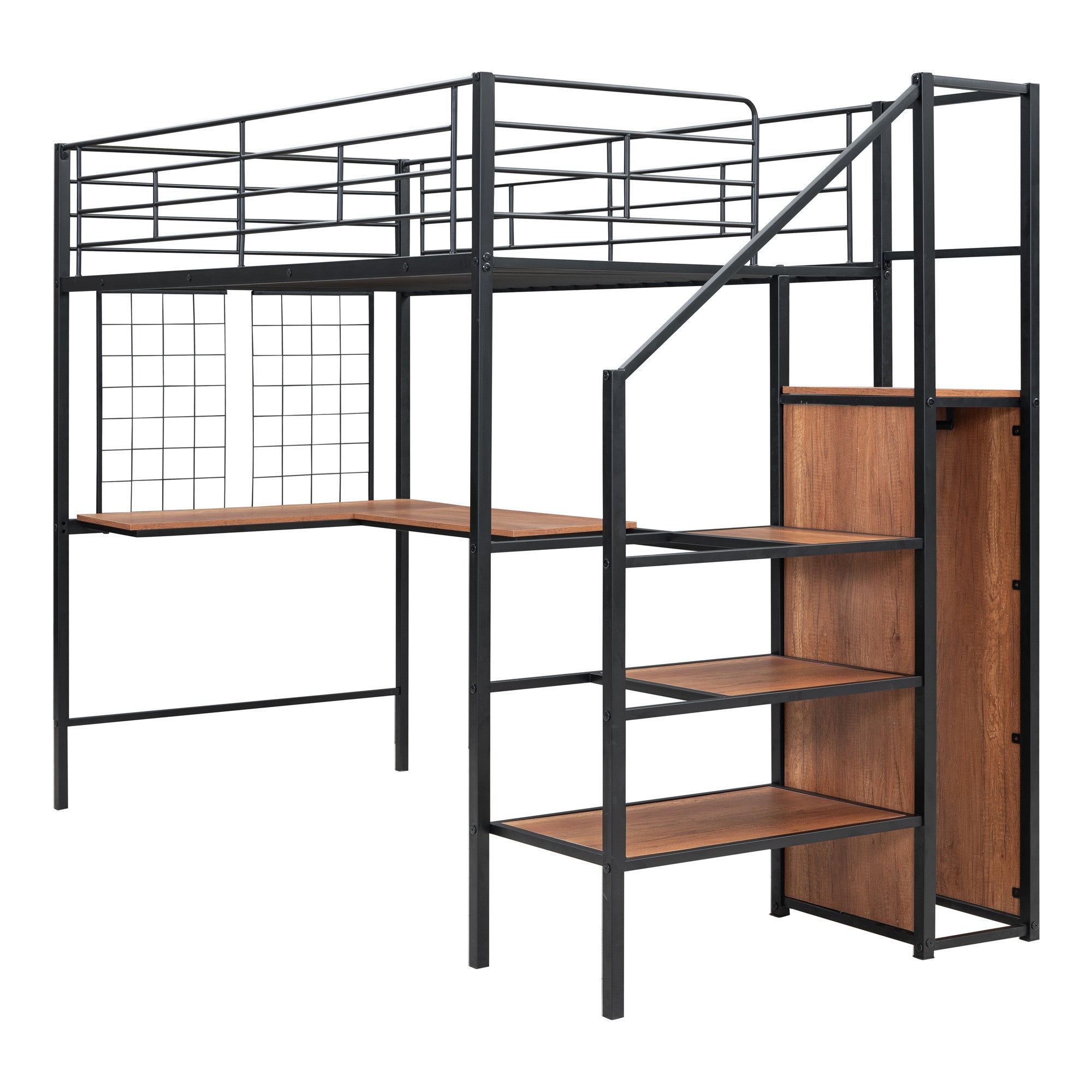 Black Platform Solid and Manufactured Wood And Metal Twin Loft Bed with Desk and Shelves