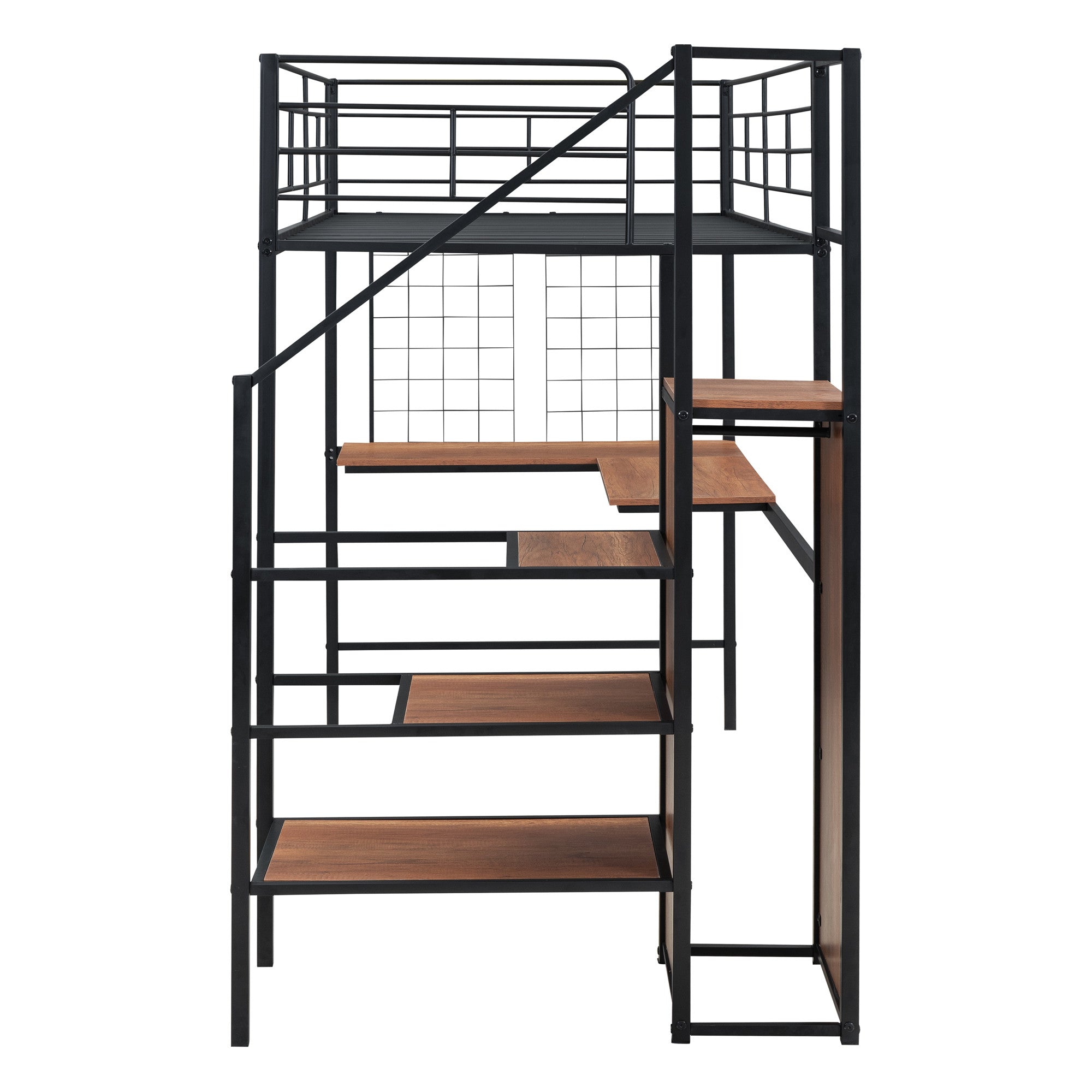 Black Platform Solid and Manufactured Wood And Metal Twin Loft Bed with Desk and Shelves