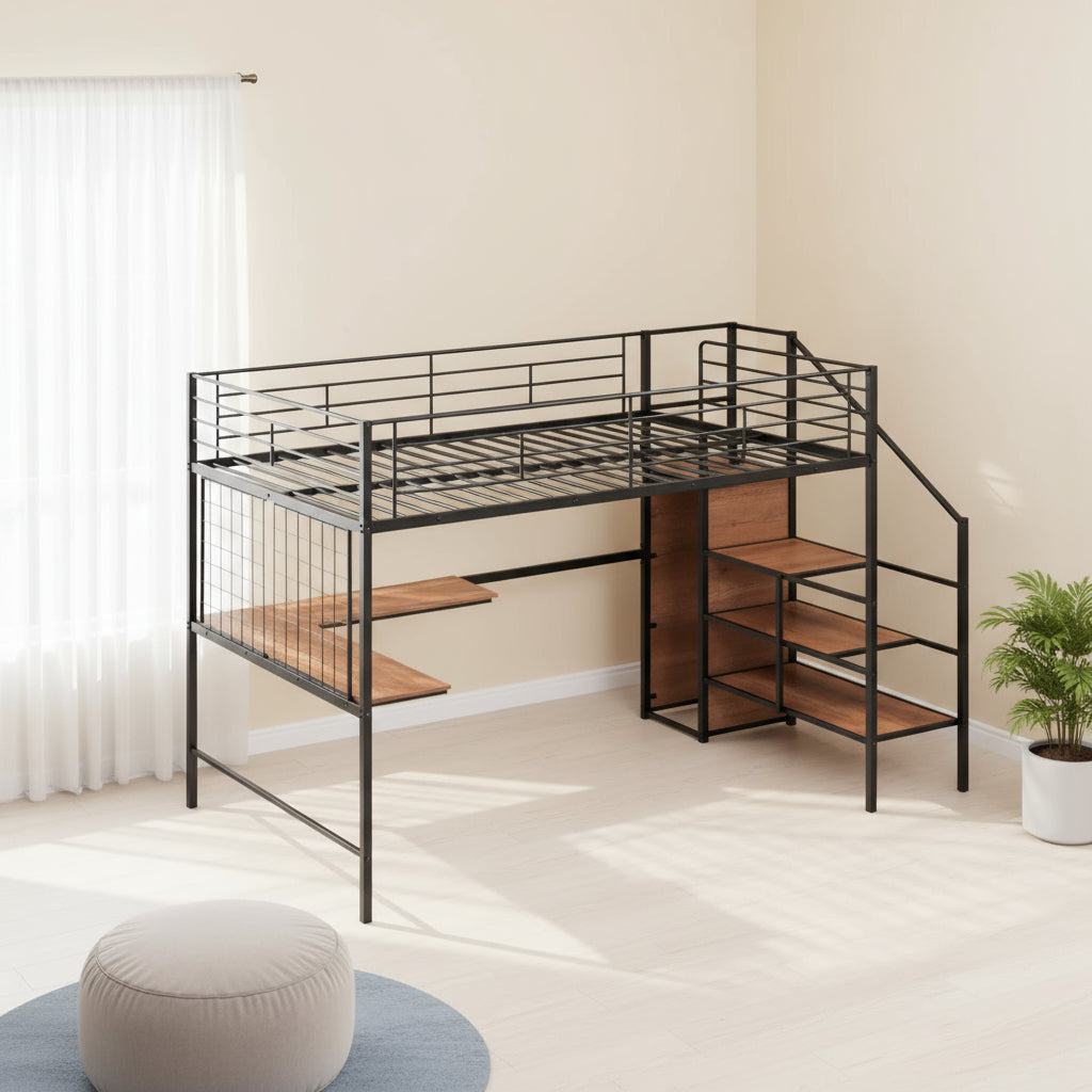Black Platform Solid and Manufactured Wood And Metal Full Double Loft Bed with Desk and Shelves