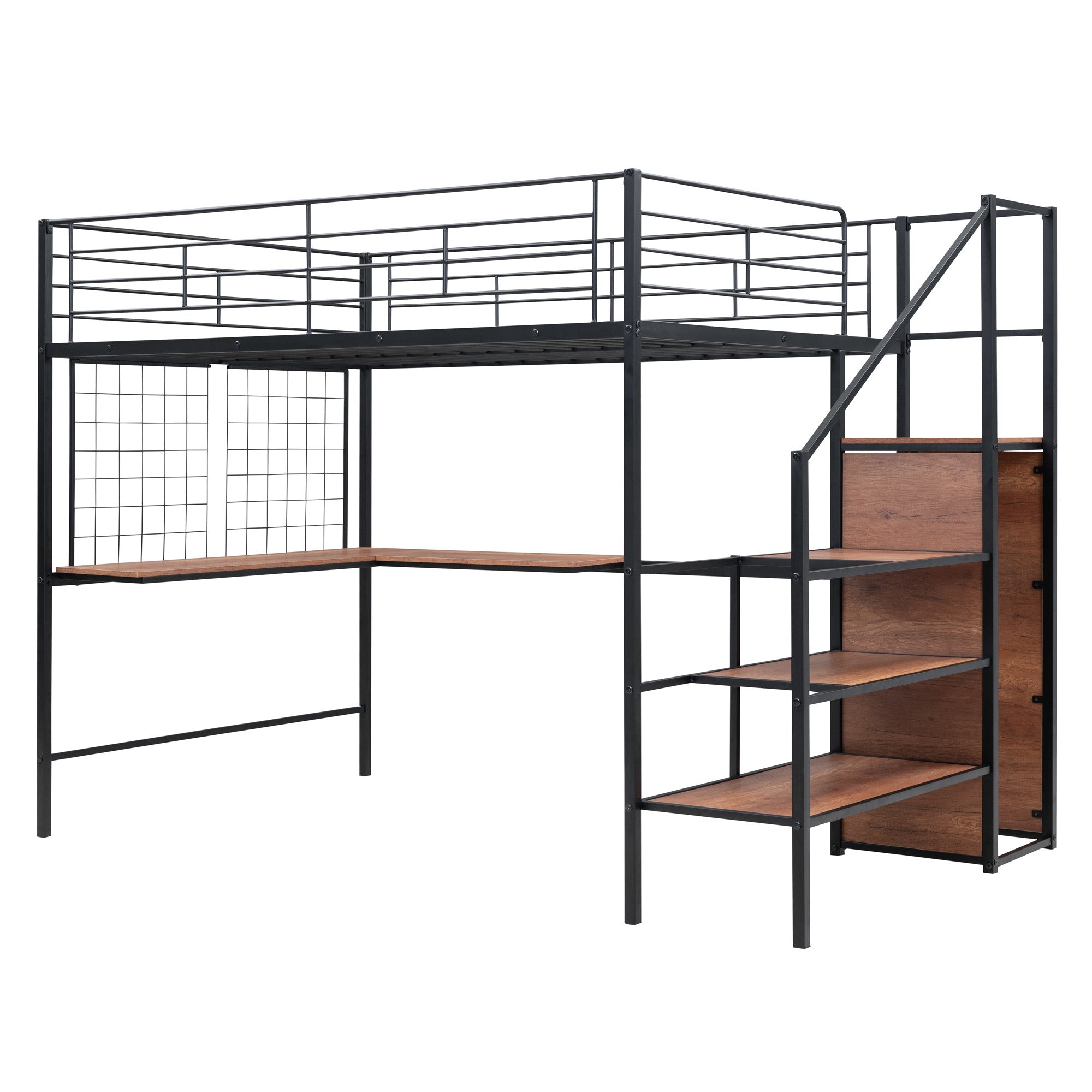 Black Platform Solid and Manufactured Wood And Metal Full Double Loft Bed with Desk and Shelves