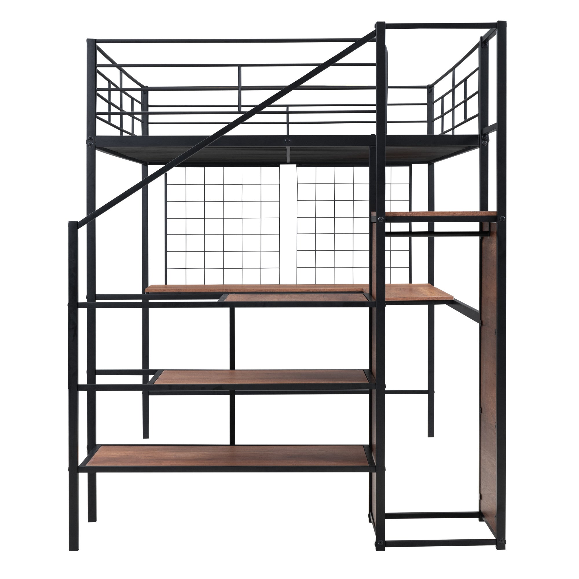 Black Platform Solid and Manufactured Wood And Metal Full Double Loft Bed with Desk and Shelves
