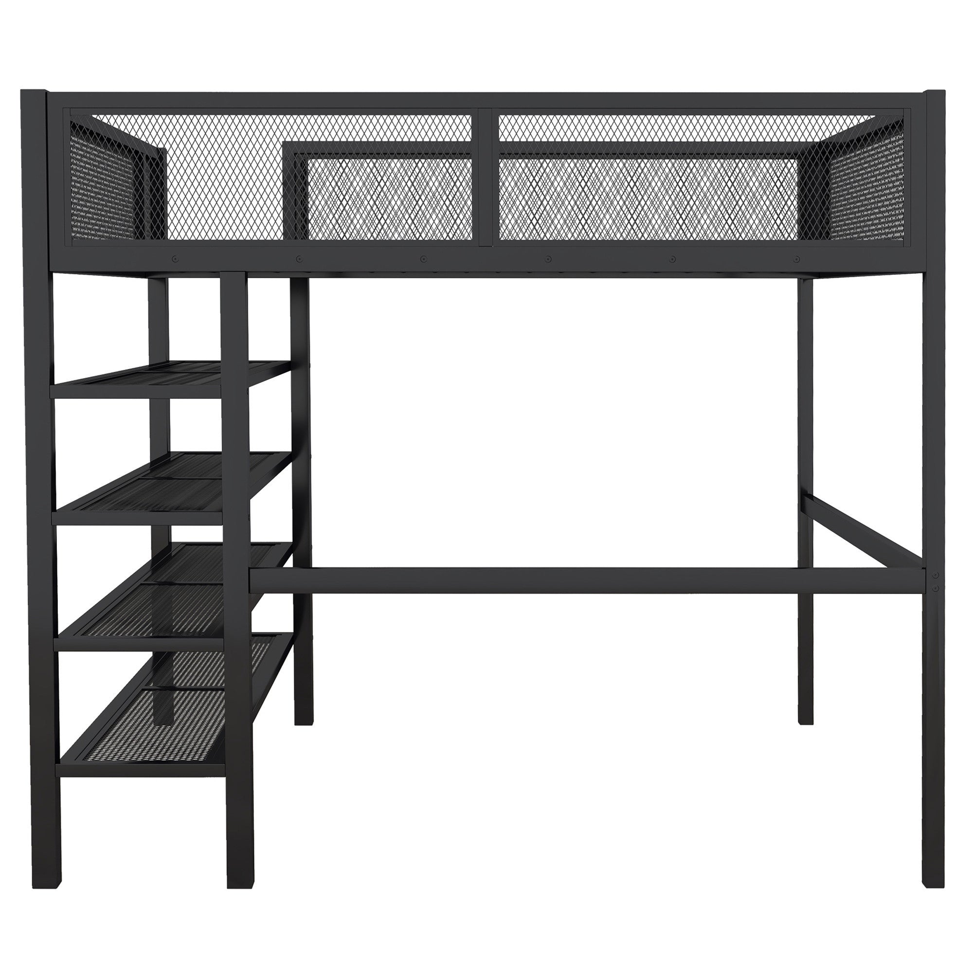 Black Platform Metal Full Double Loft Bed With Shelves