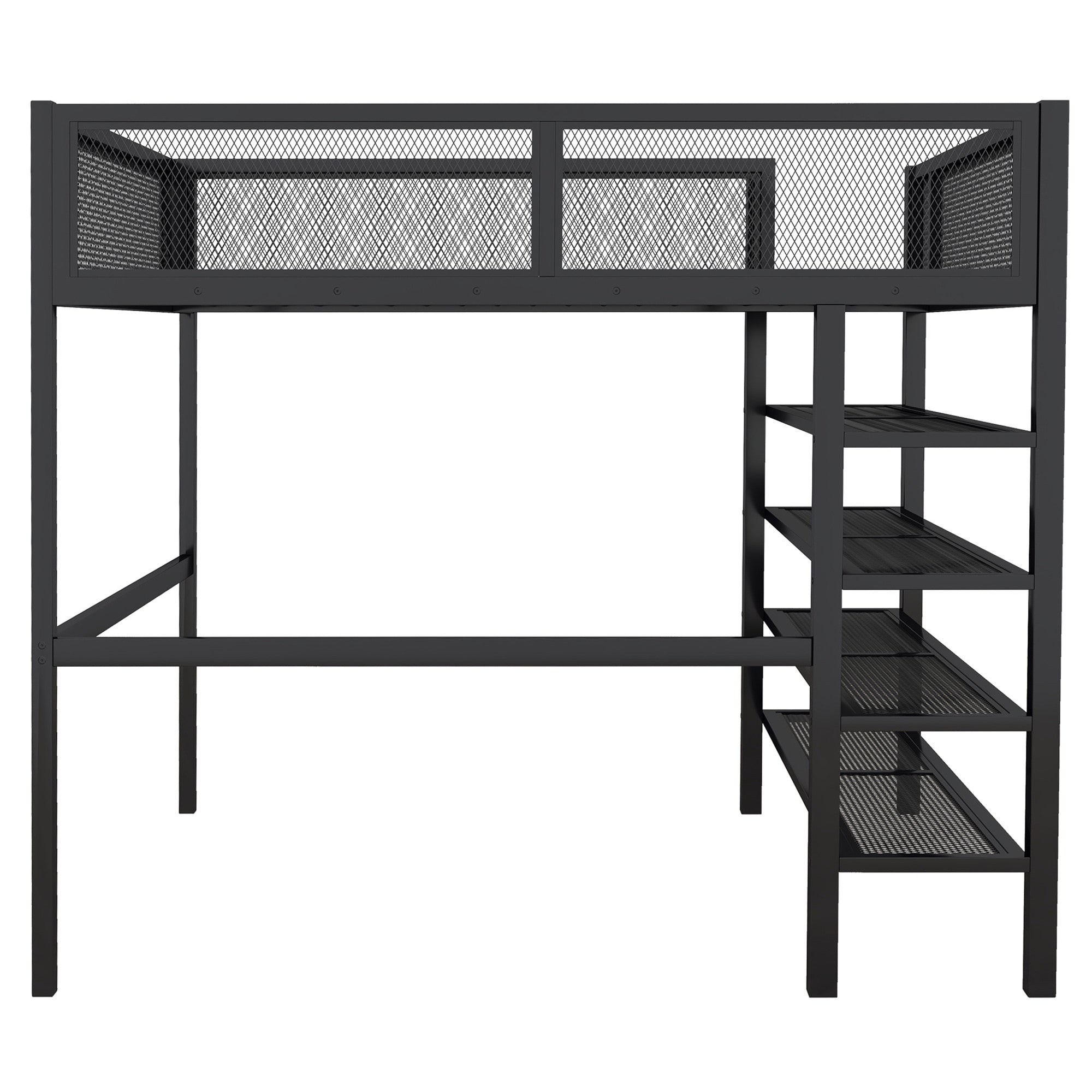 Black Platform Metal Full Double Loft Bed With Shelves