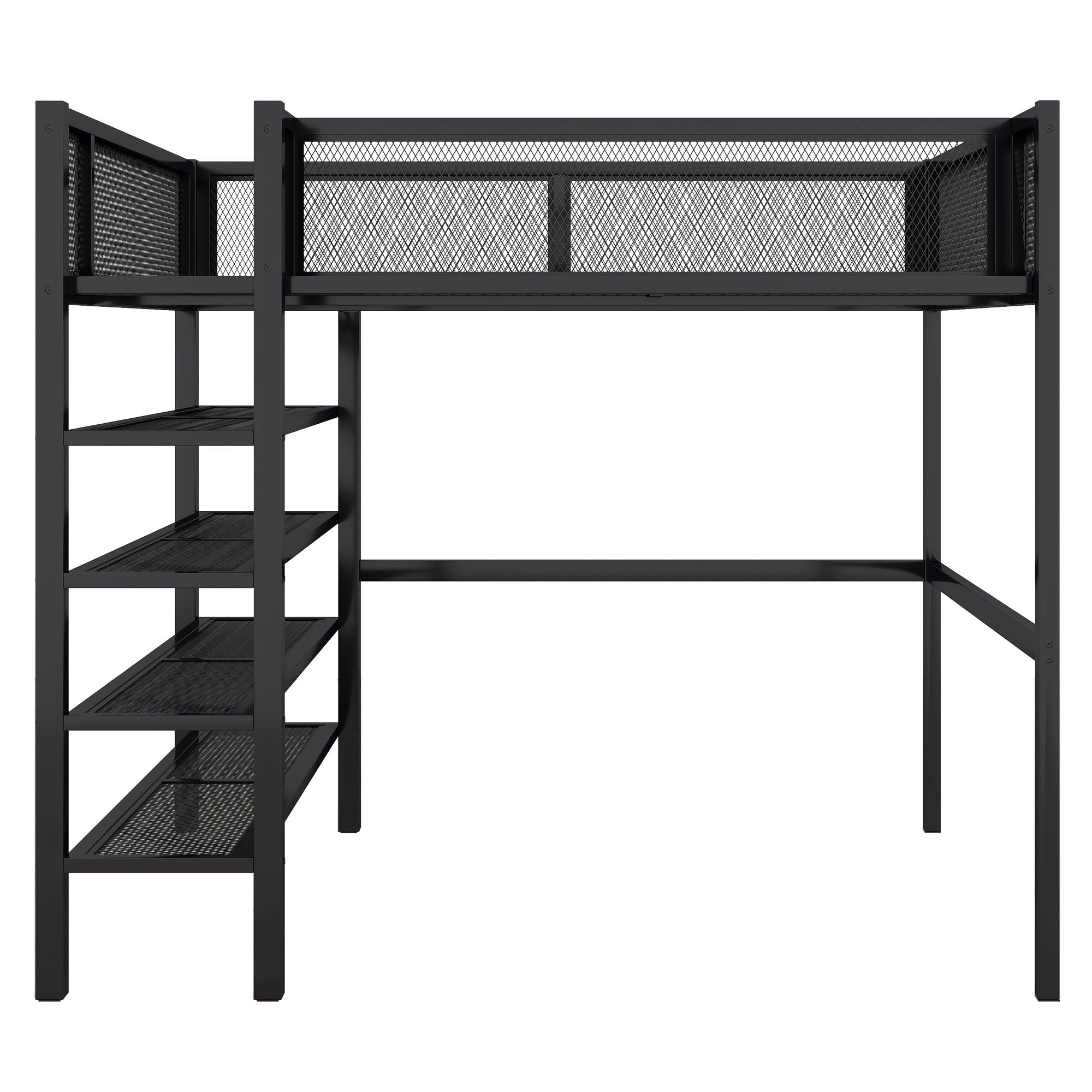 Black Platform Metal Full Double Loft Bed With Shelves