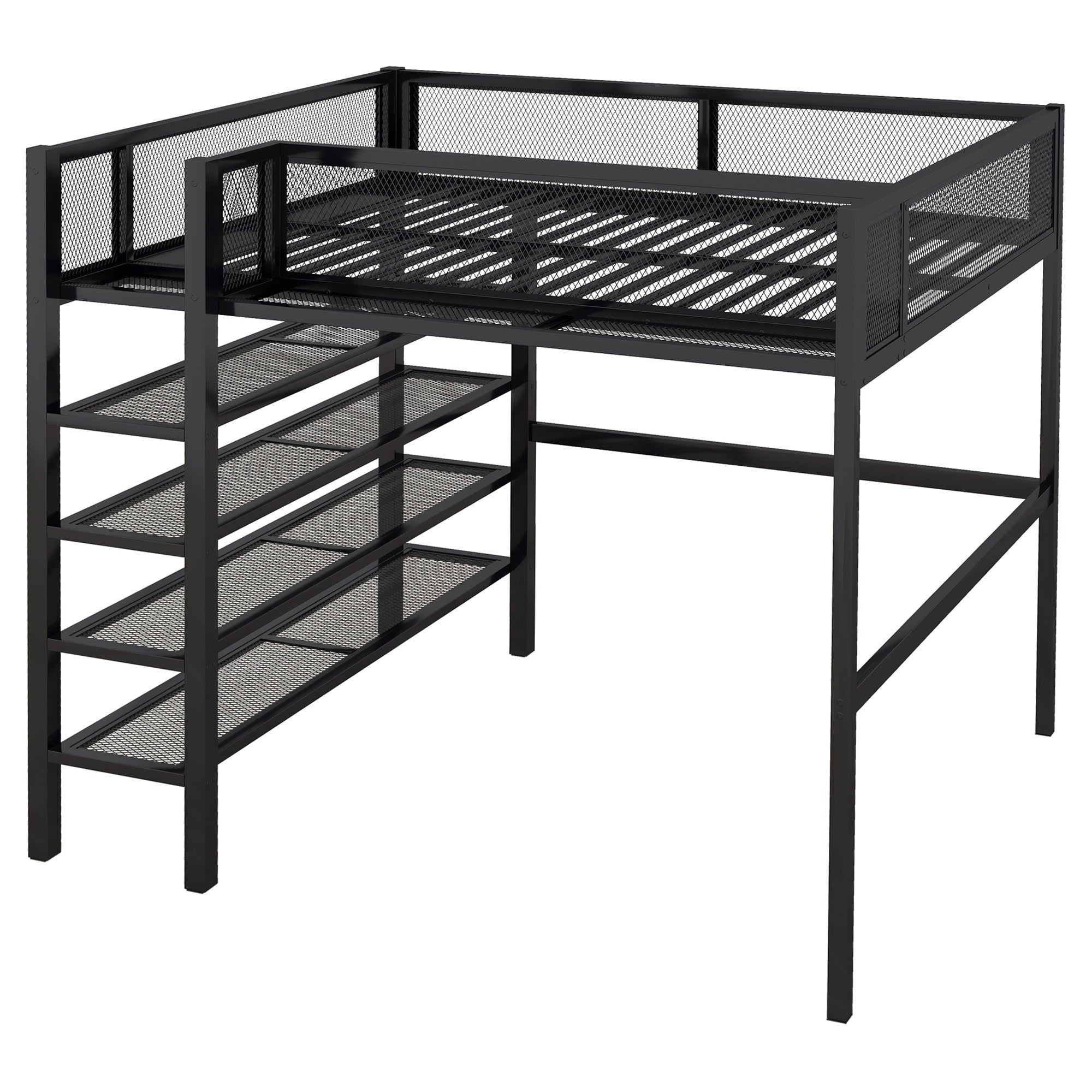 Black Platform Metal Full Double Loft Bed With Shelves
