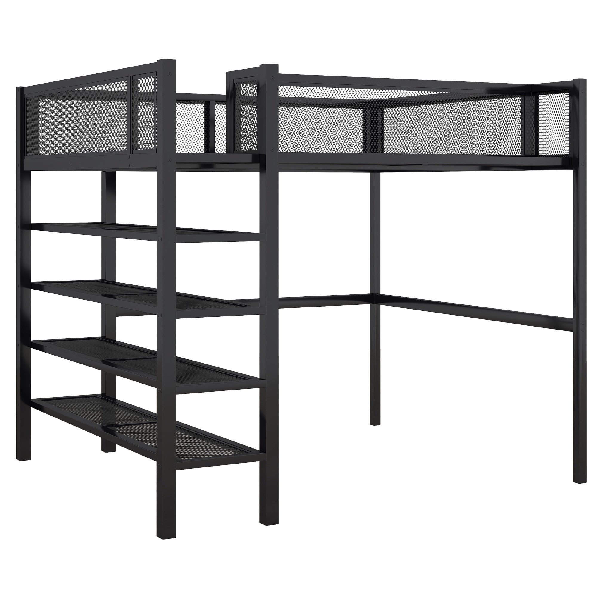 Black Platform Metal Full Double Loft Bed With Shelves