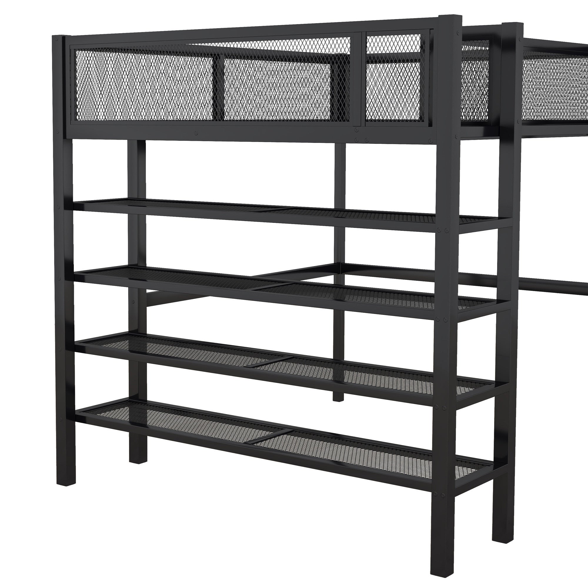 Black Platform Metal Full Double Loft Bed With Shelves