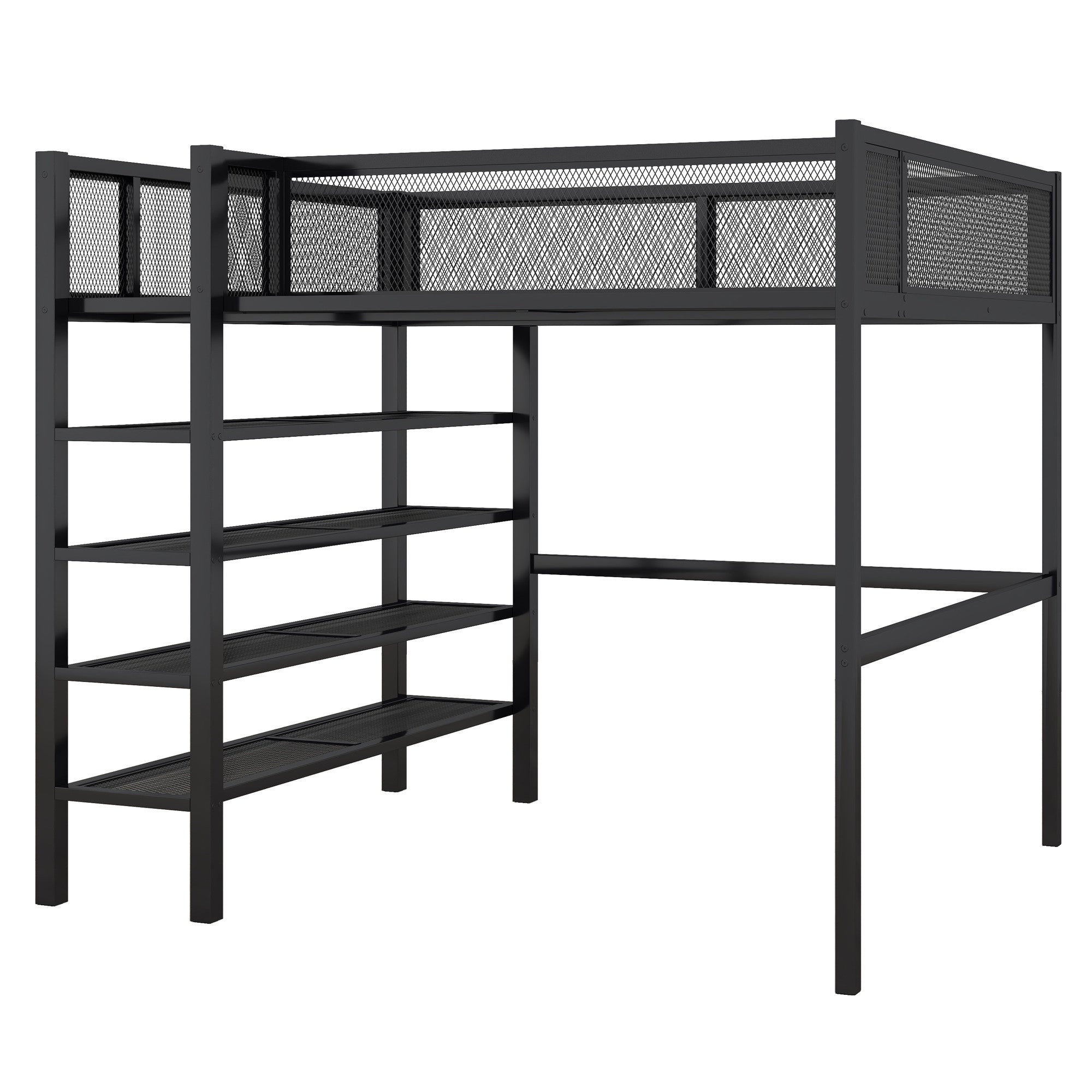 Black Platform Metal Full Double Loft Bed With Shelves