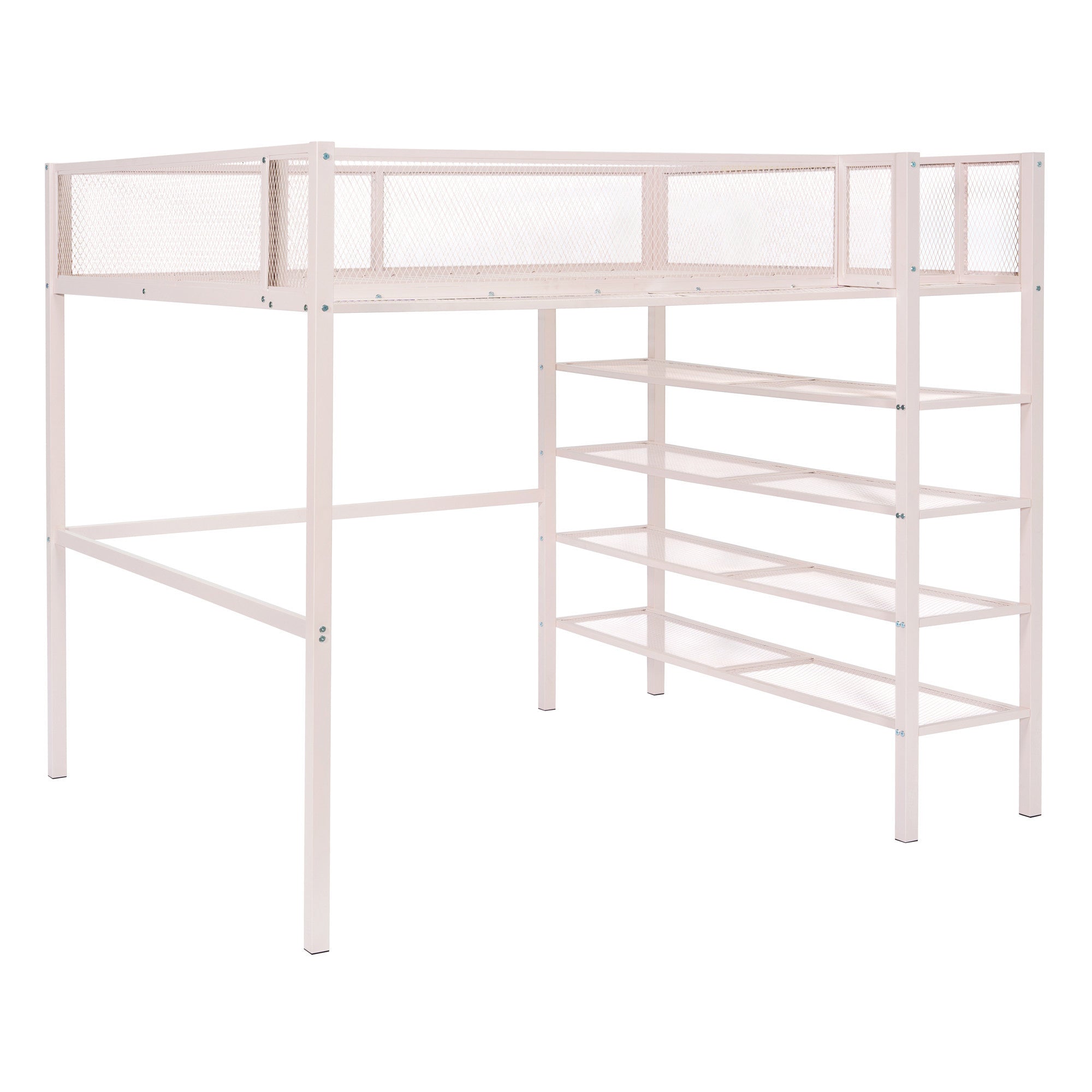 Light Pink Platform Metal Full Double Loft Bed With Shelves