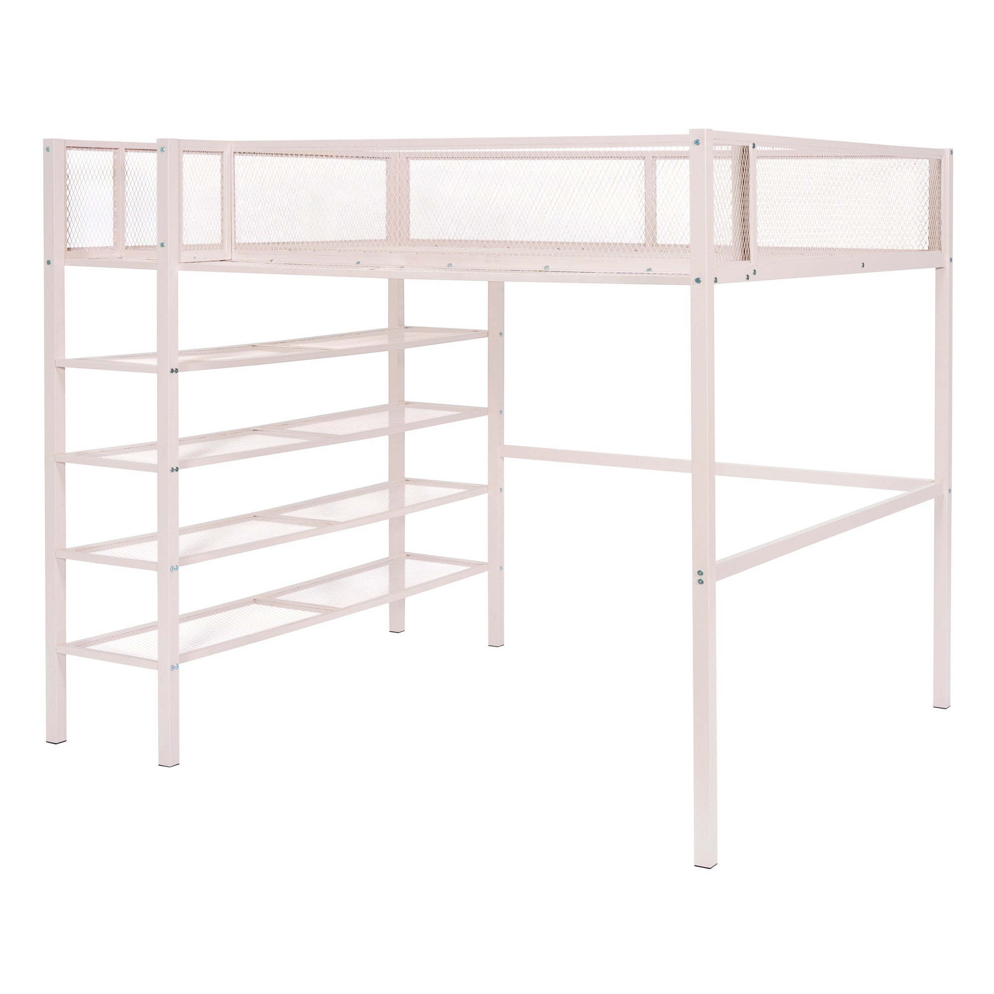 Light Pink Platform Metal Full Double Loft Bed With Shelves