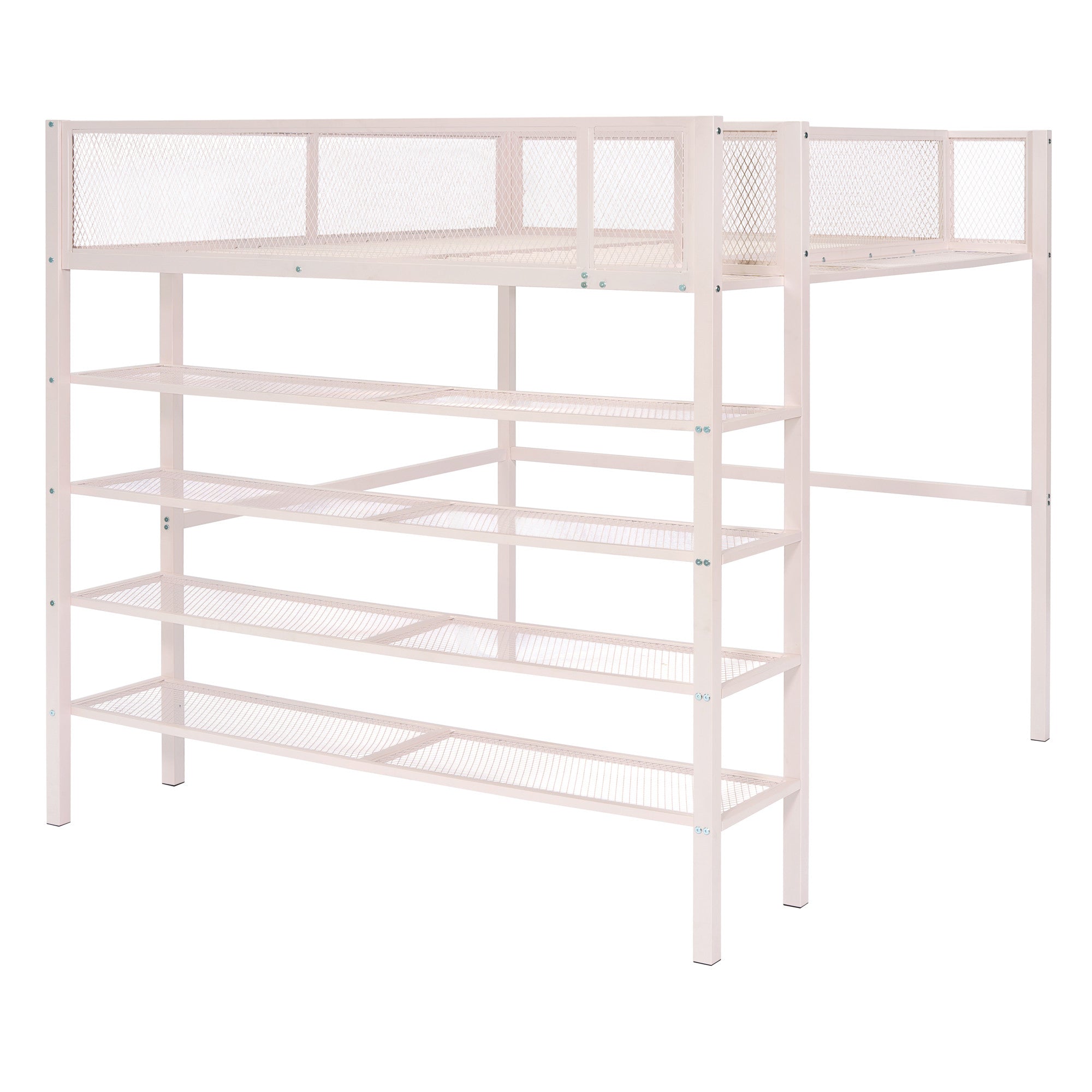 Light Pink Platform Metal Full Double Loft Bed With Shelves
