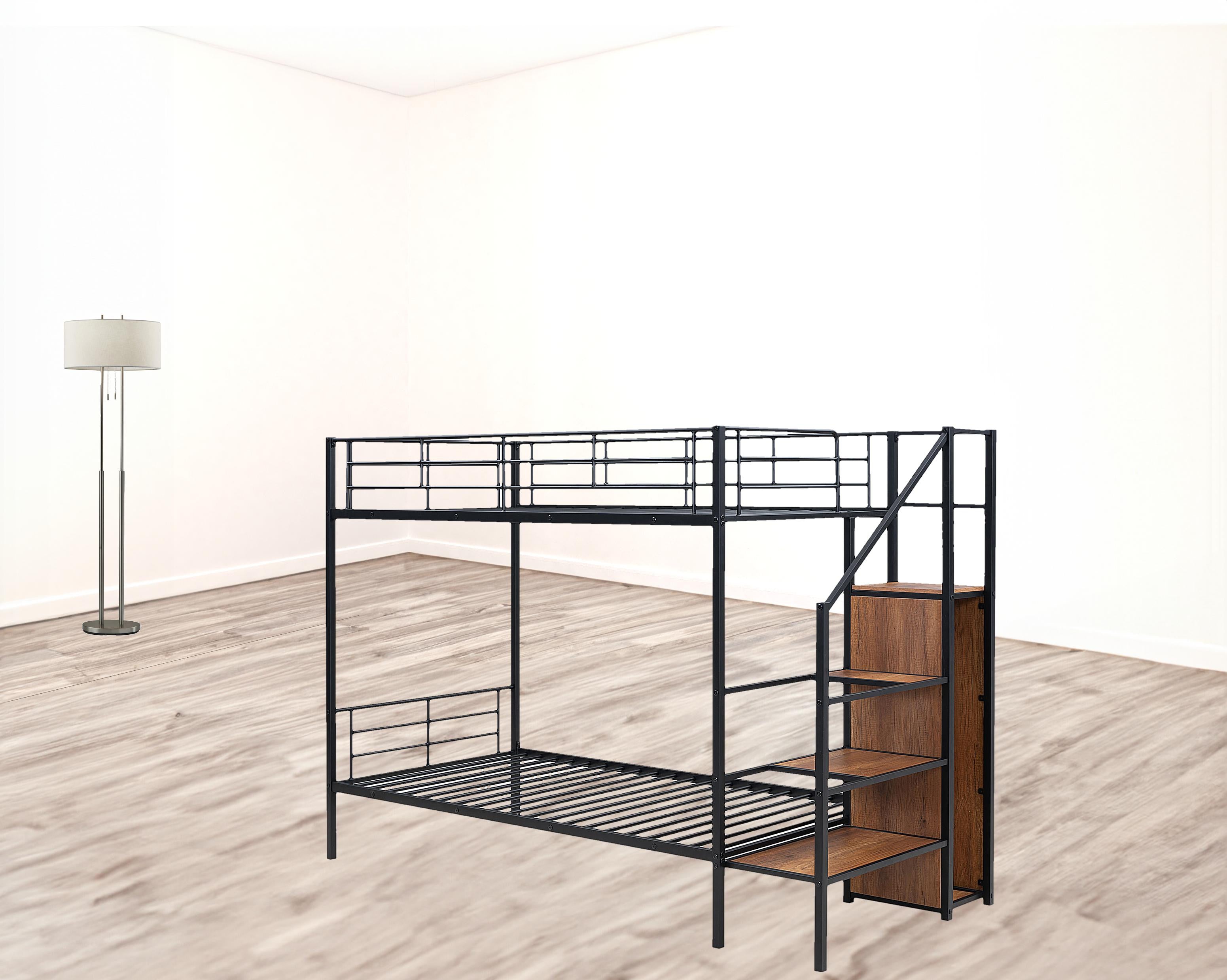Black Twin Over Twin Metal Bunk Bed With Stairs And Storage