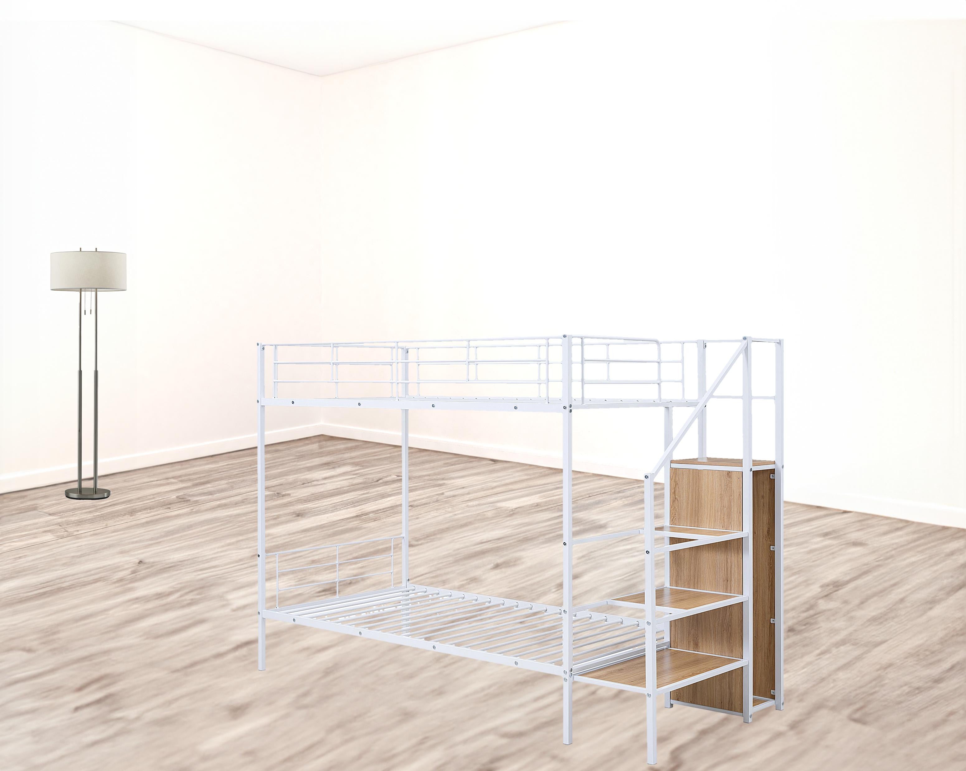 White Twin Over Twin Metal Bunk Bed With Stairs And Storage