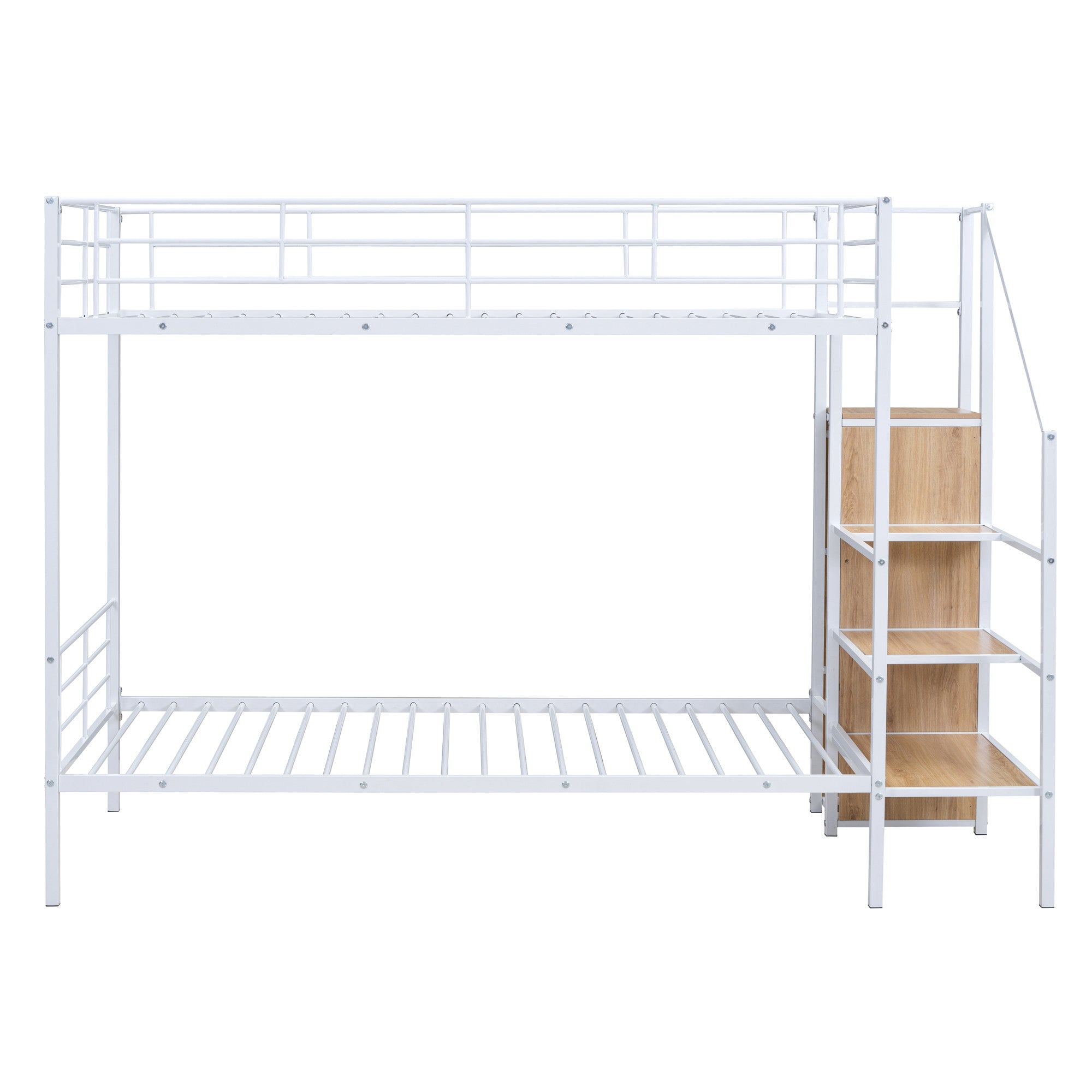 White Twin Over Twin Metal Bunk Bed With Stairs And Storage