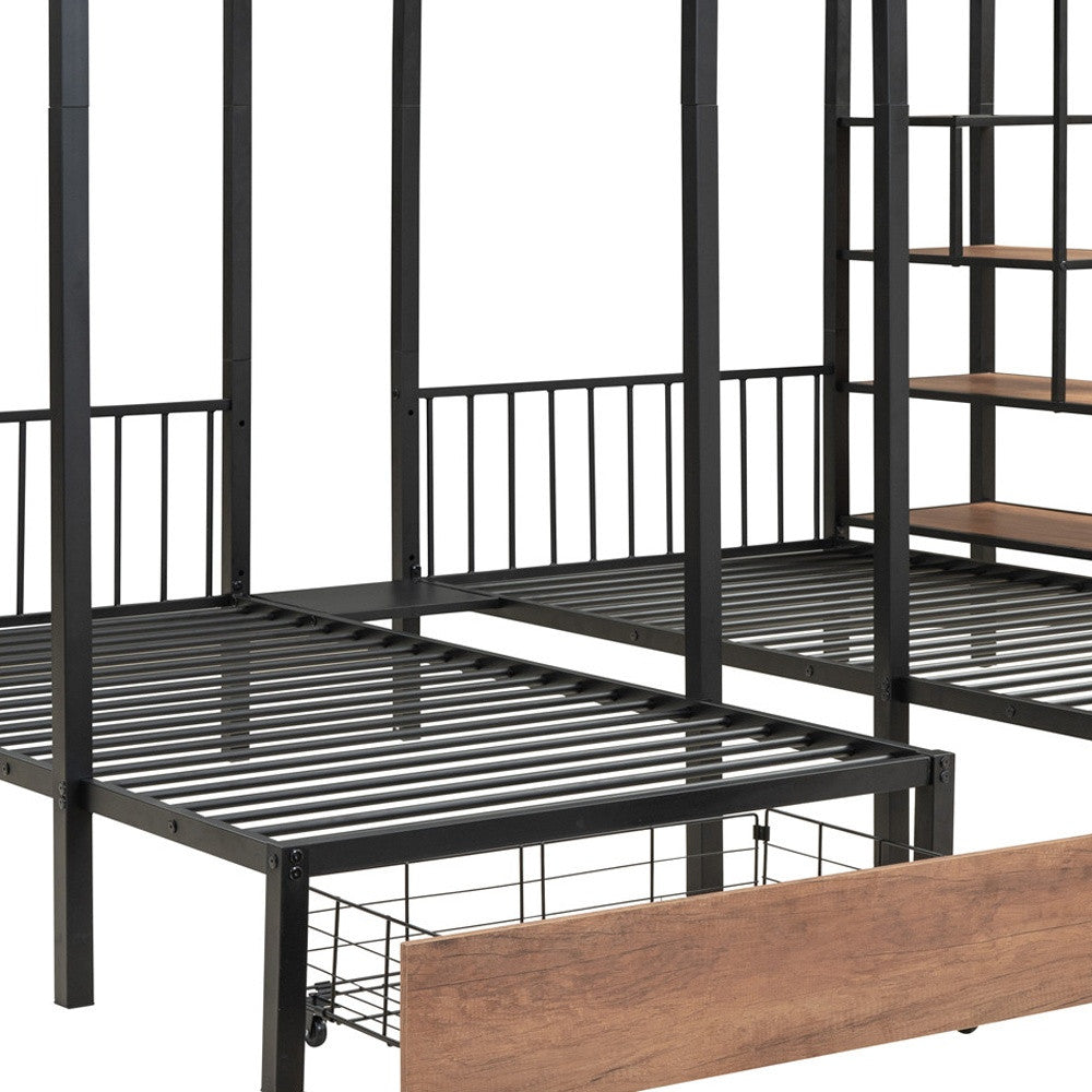 Black Full Over Two Twins Metal Bunk Bed With Stairs And Storage
