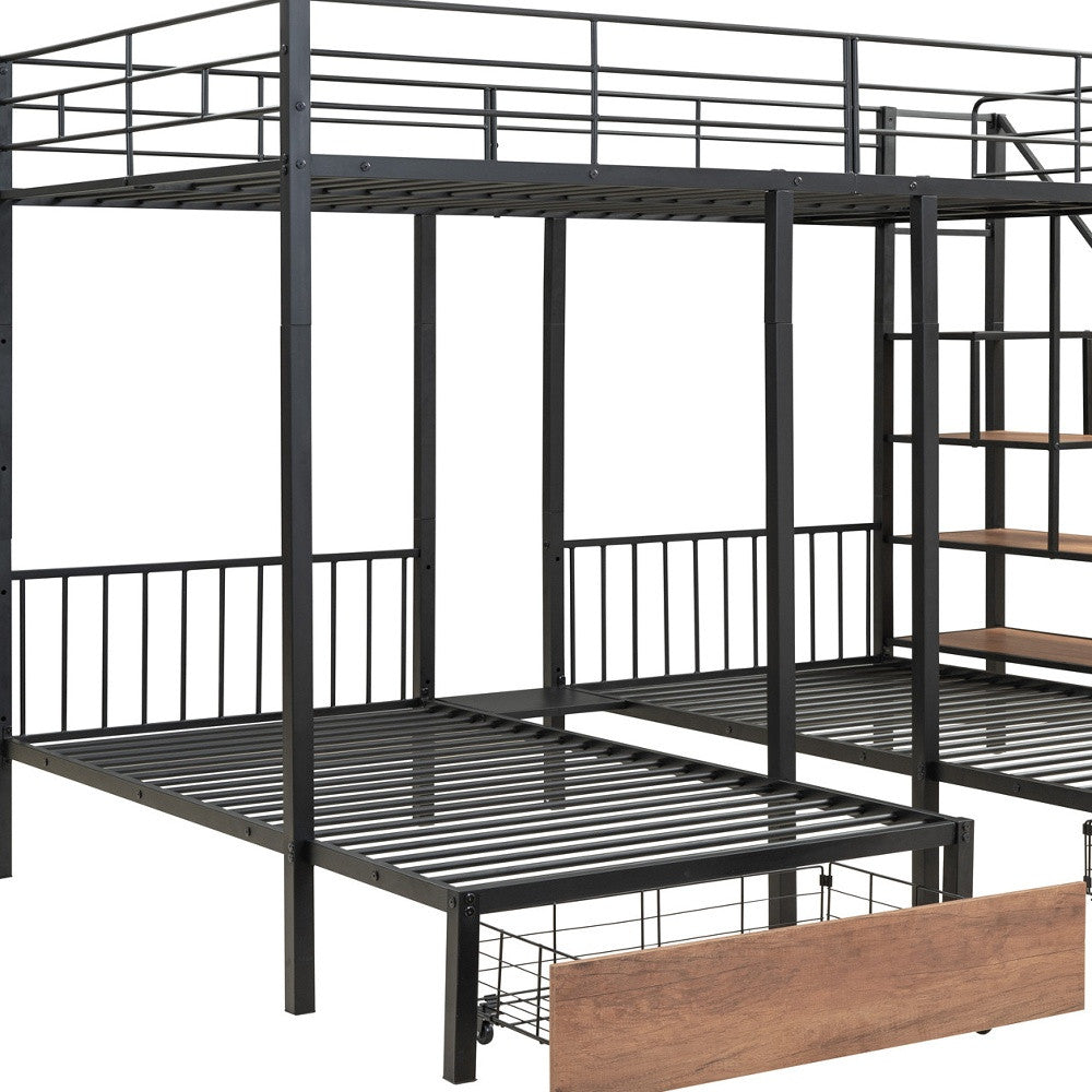 Black Full Over Two Twins Metal Bunk Bed With Stairs And Storage