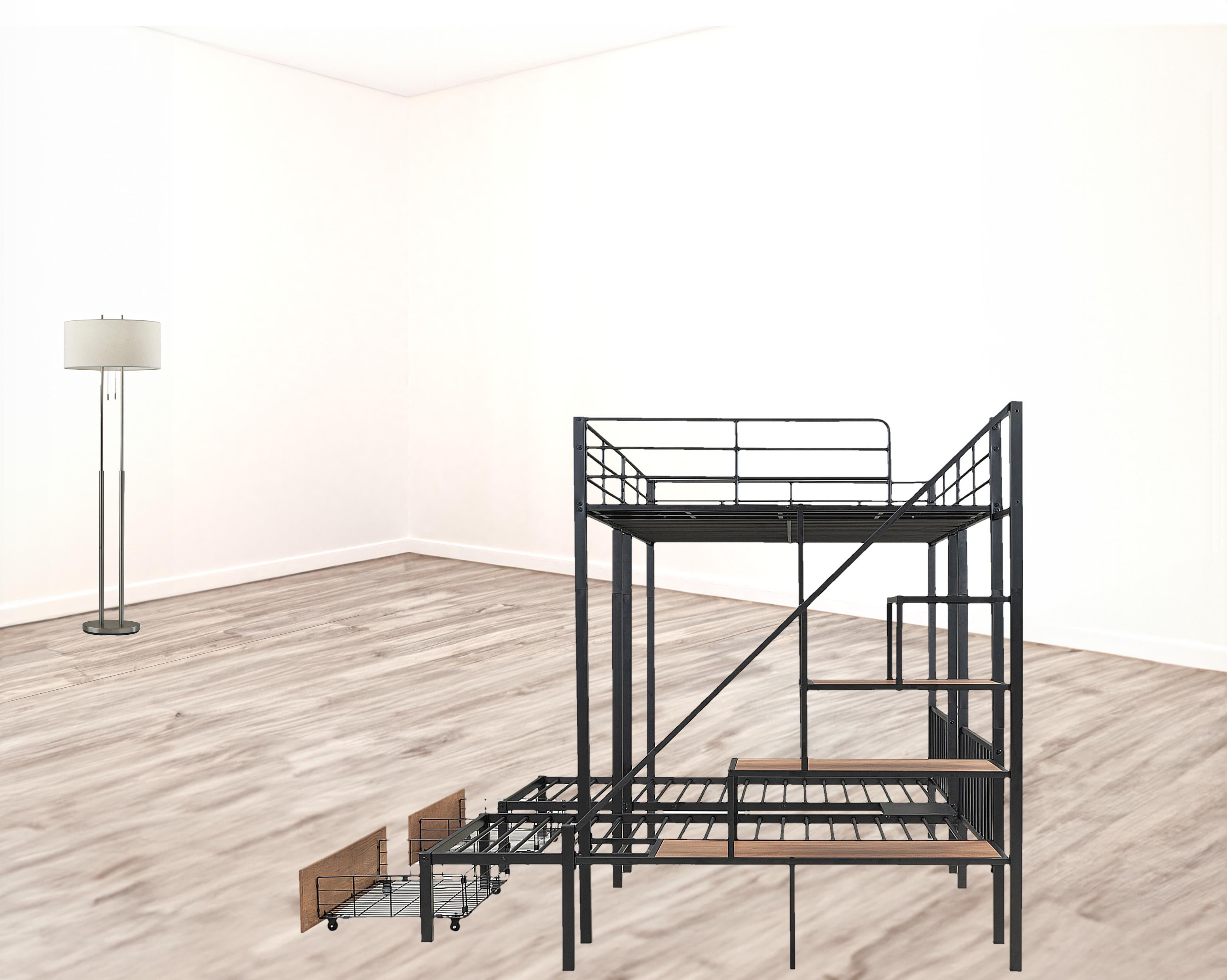 Black Full Over Two Twins Metal Bunk Bed With Stairs And Storage