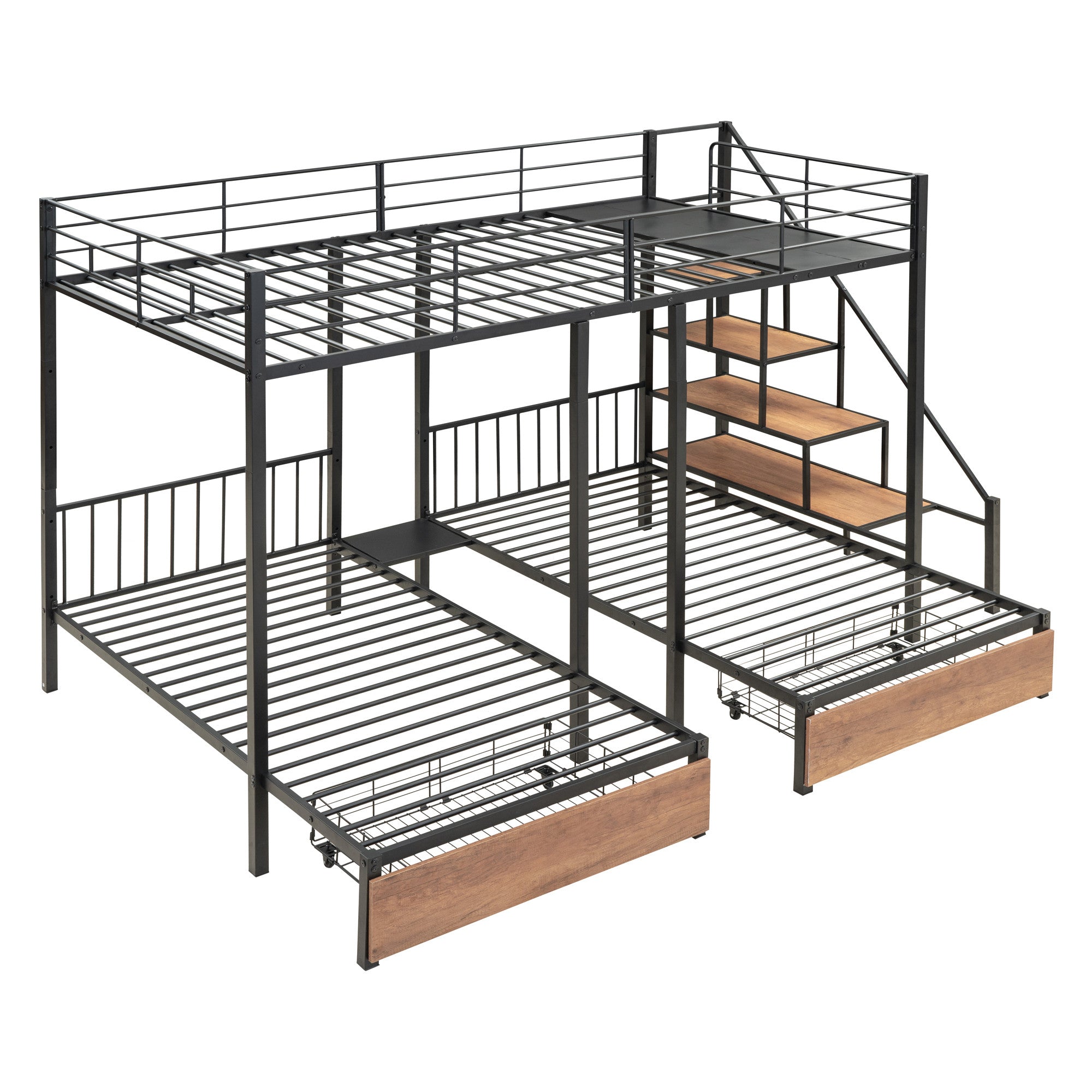 Black Full Over Two Twins Metal Bunk Bed With Stairs And Storage