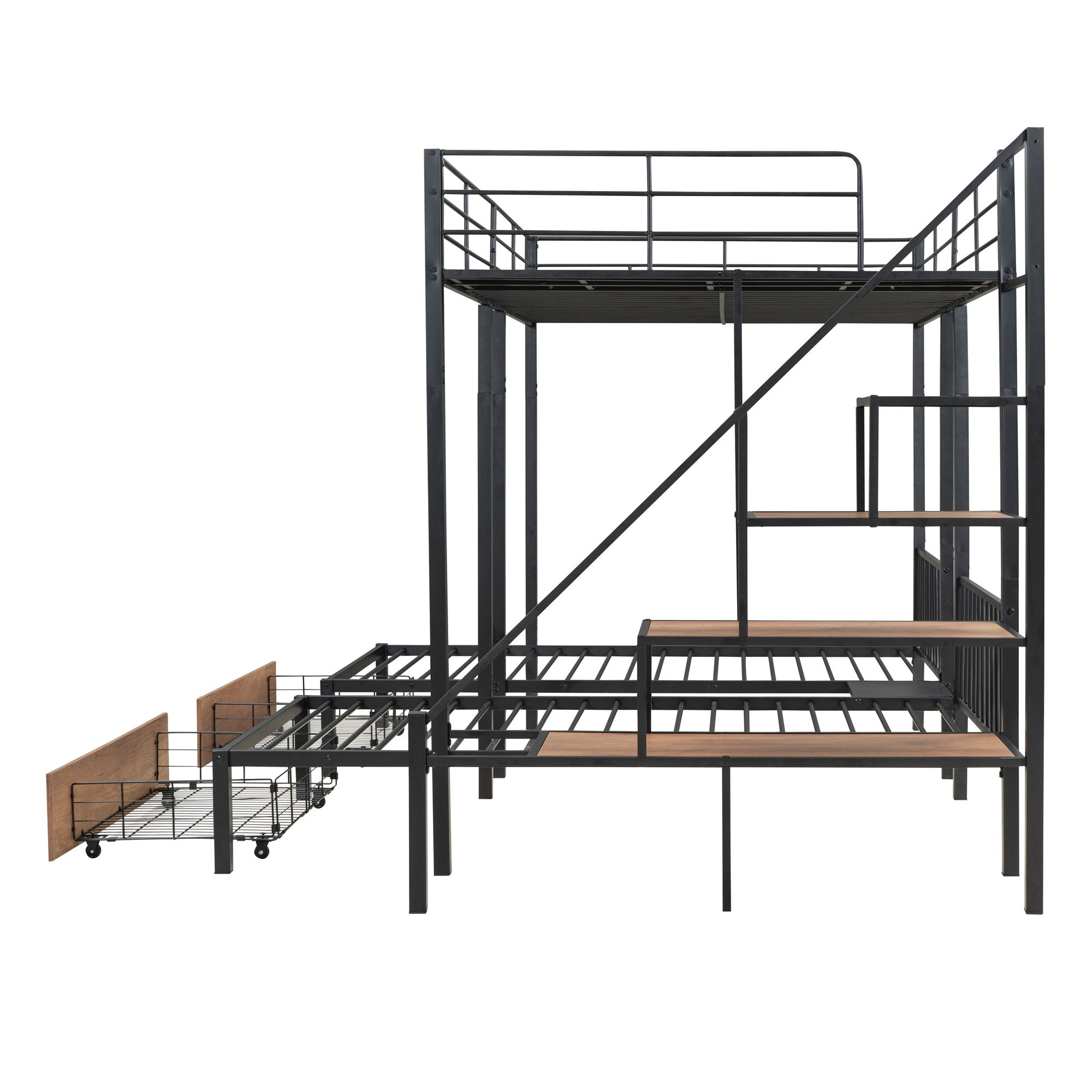Black Full Over Two Twins Metal Bunk Bed With Stairs And Storage