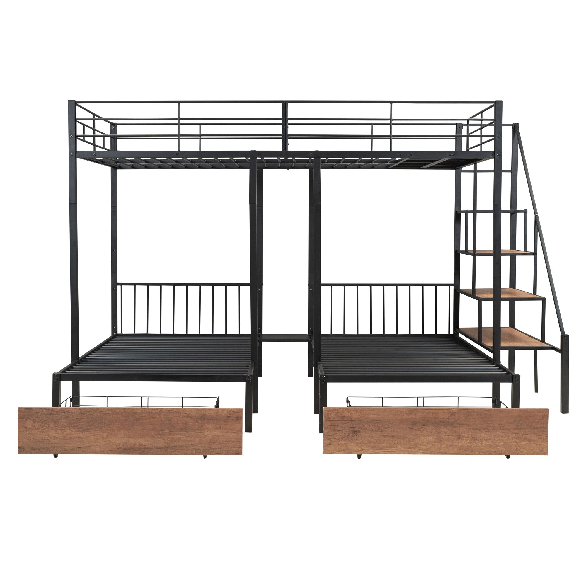 Black Full Over Two Twins Metal Bunk Bed With Stairs And Storage