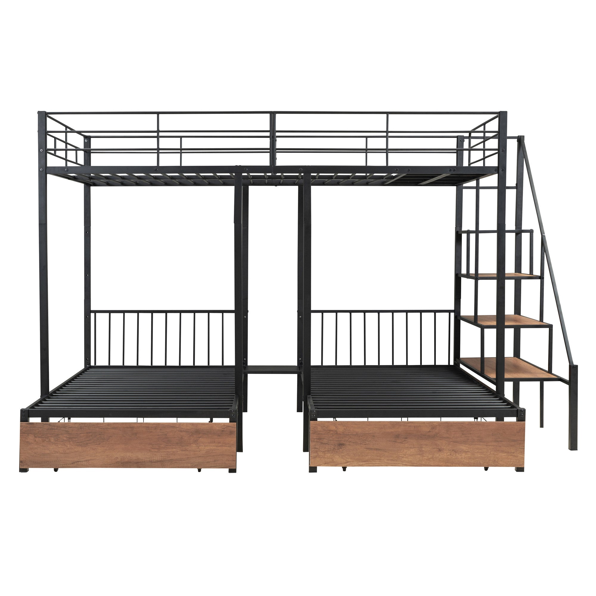 Black Full Over Two Twins Metal Bunk Bed With Stairs And Storage