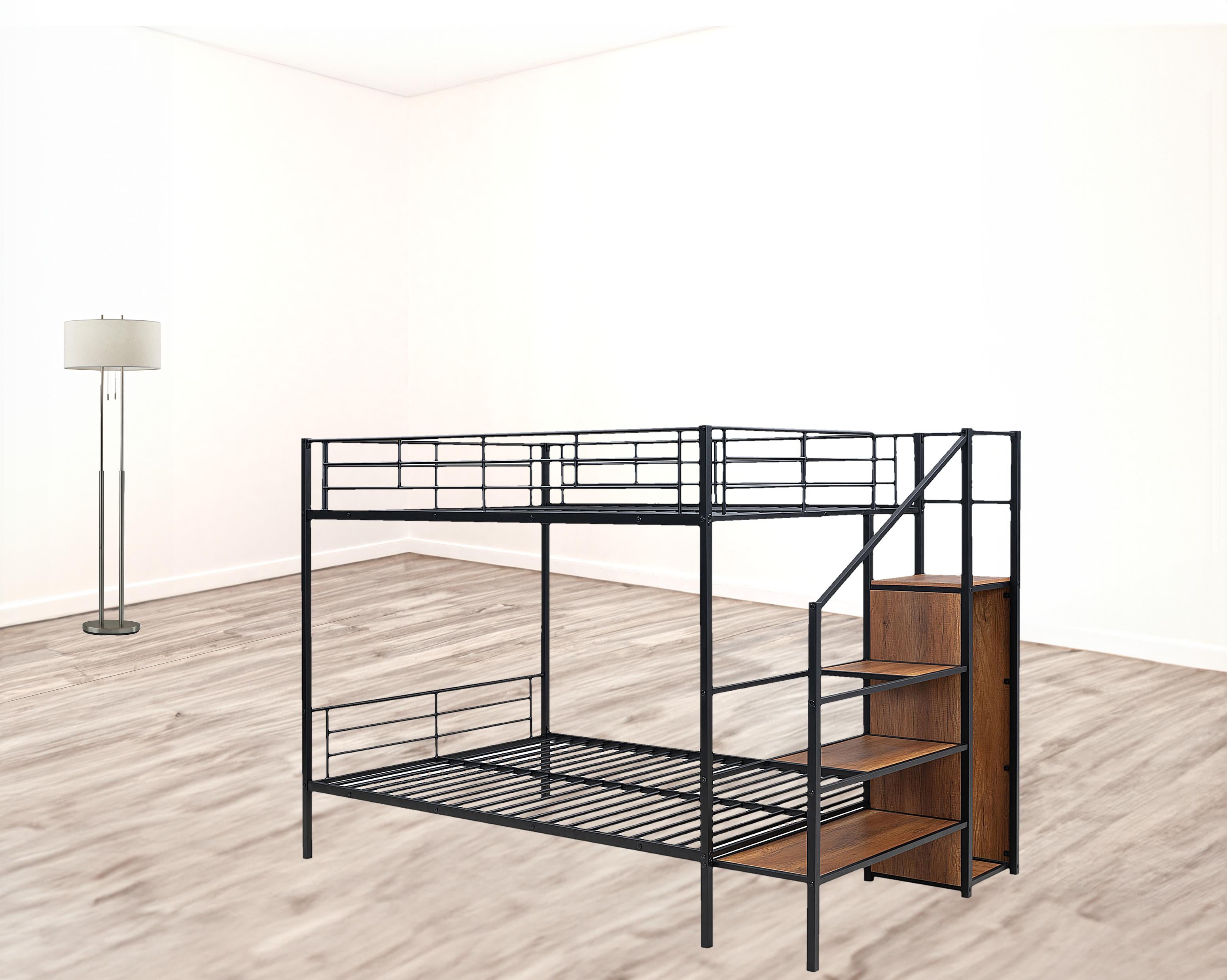 Black Full Over Full Metal Bunk Bed With Stairs And Storage