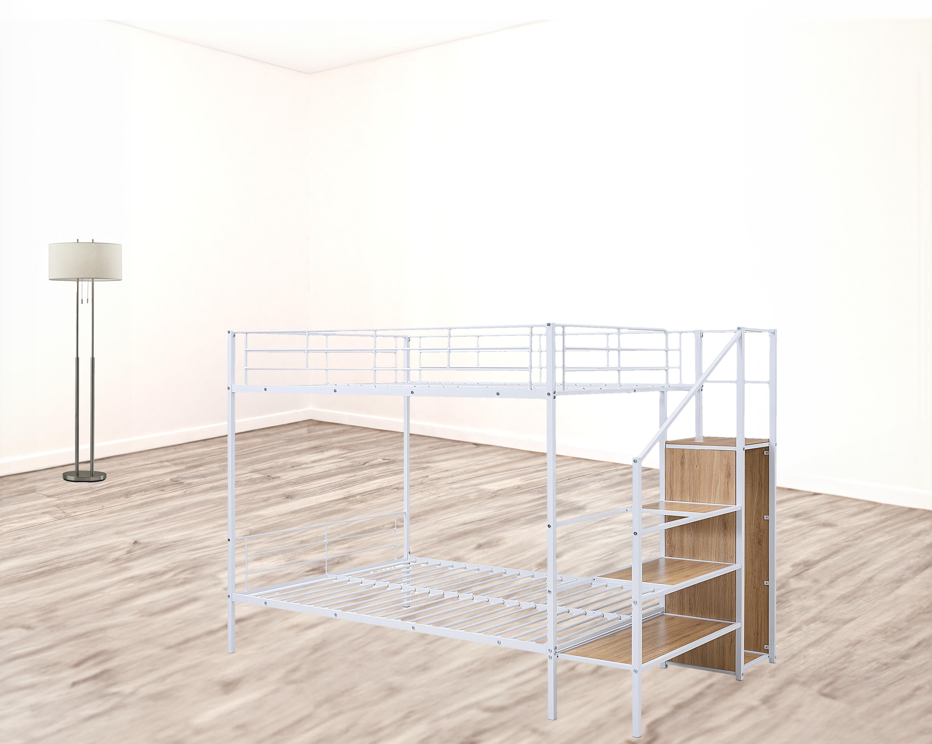 White Full Over Full Metal Bunk Bed With Stairs And Storage