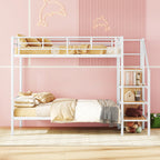 White Full Over Full Metal Bunk Bed With Stairs And Storage
