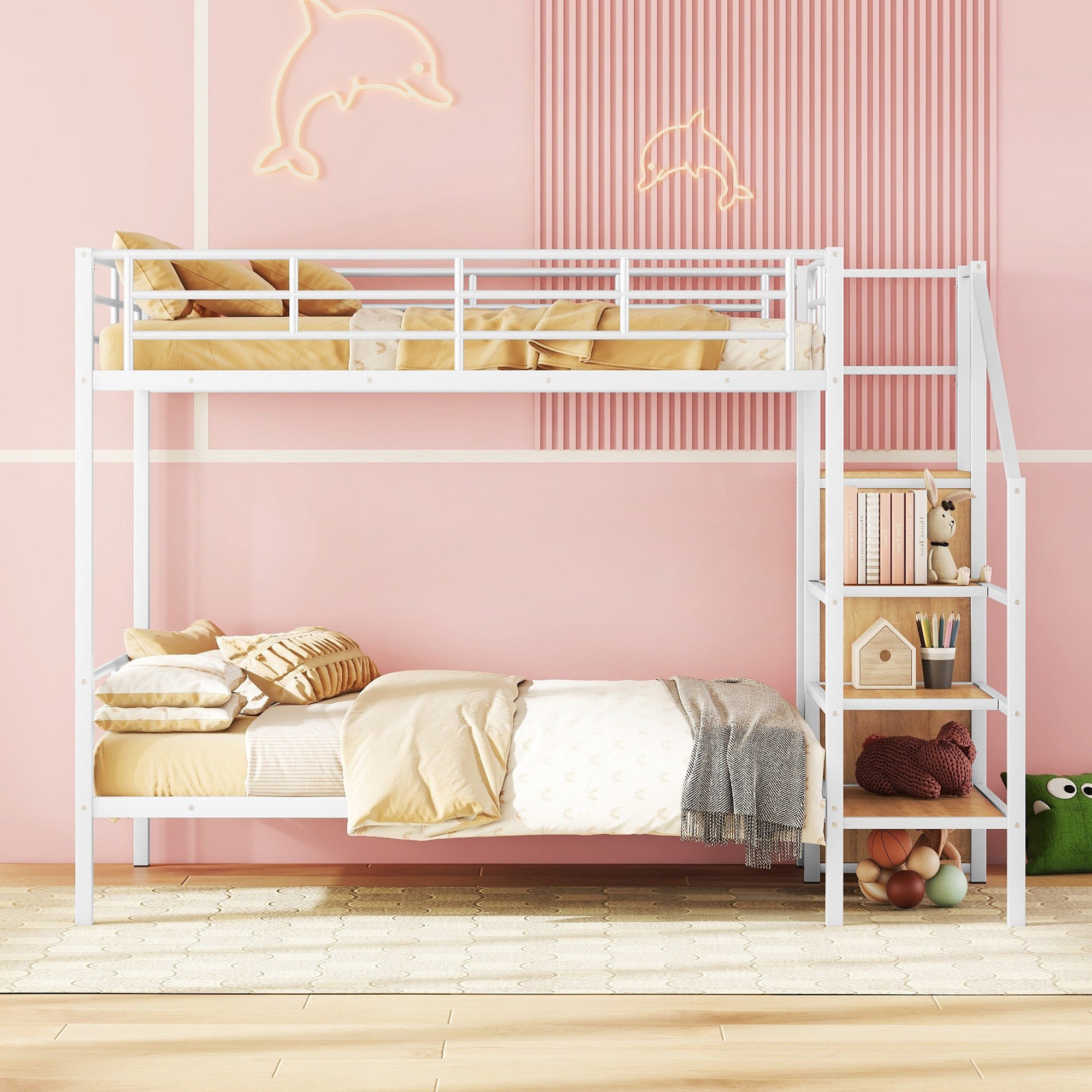 White Full Over Full Metal Bunk Bed With Stairs And Storage