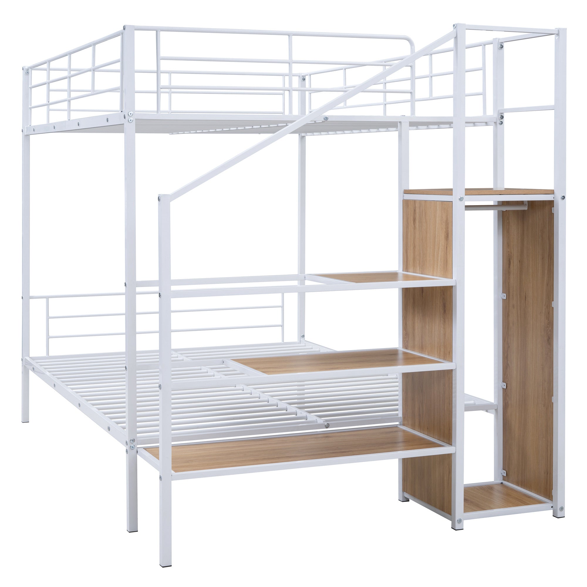 White Full Over Full Metal Bunk Bed With Stairs And Storage