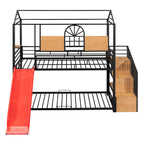 Black Twin Over Twin Dollhouse Metal Bunk Bed With Stairs And Slide And Storage