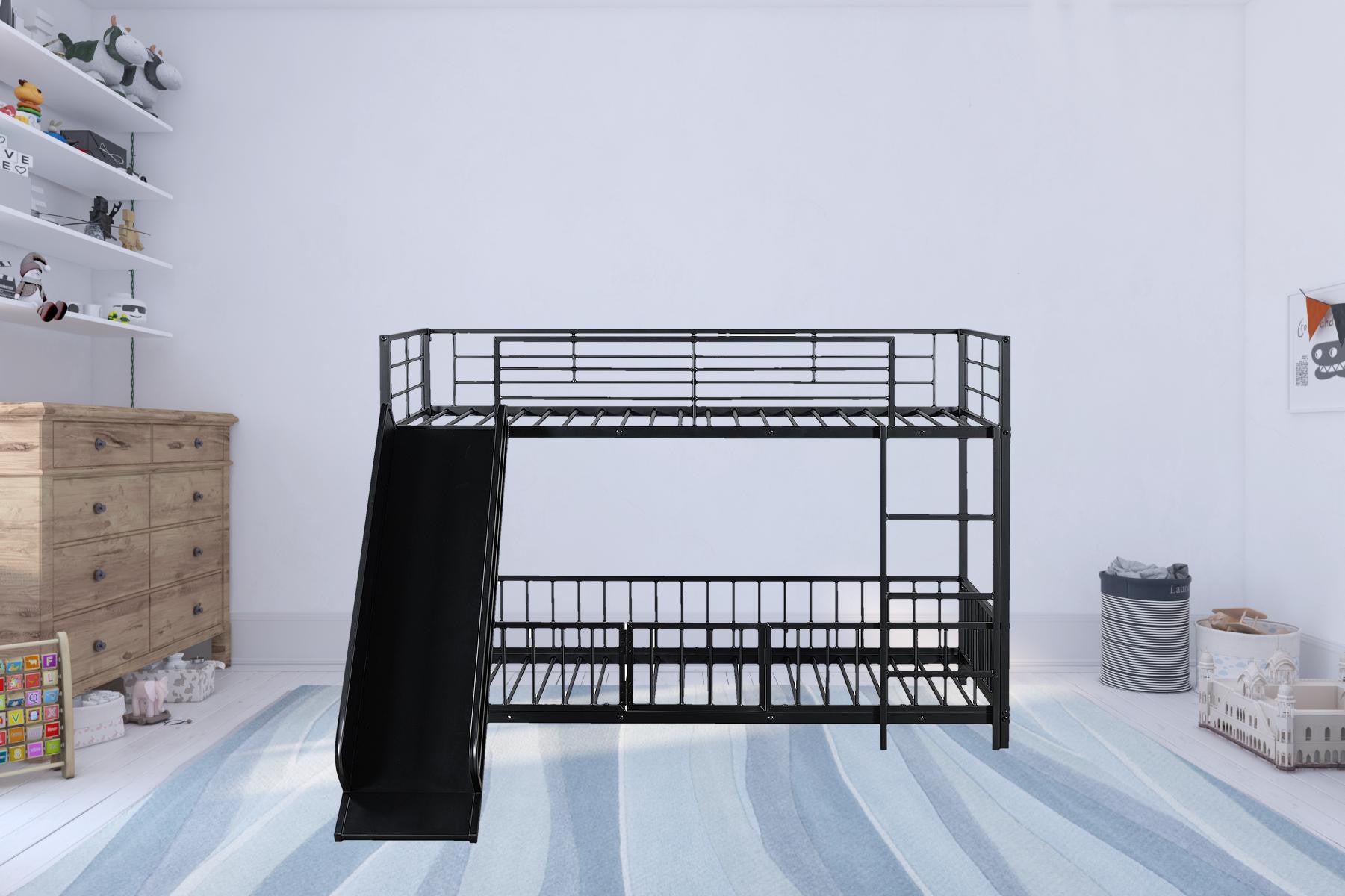Black Twin Over Twin Metal Bunk Bed With Slide
