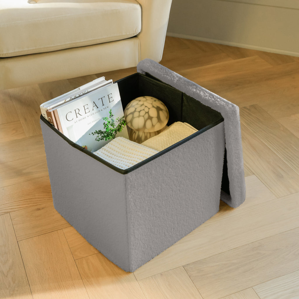 15" Gray Boucle Cube Storage Ottoman