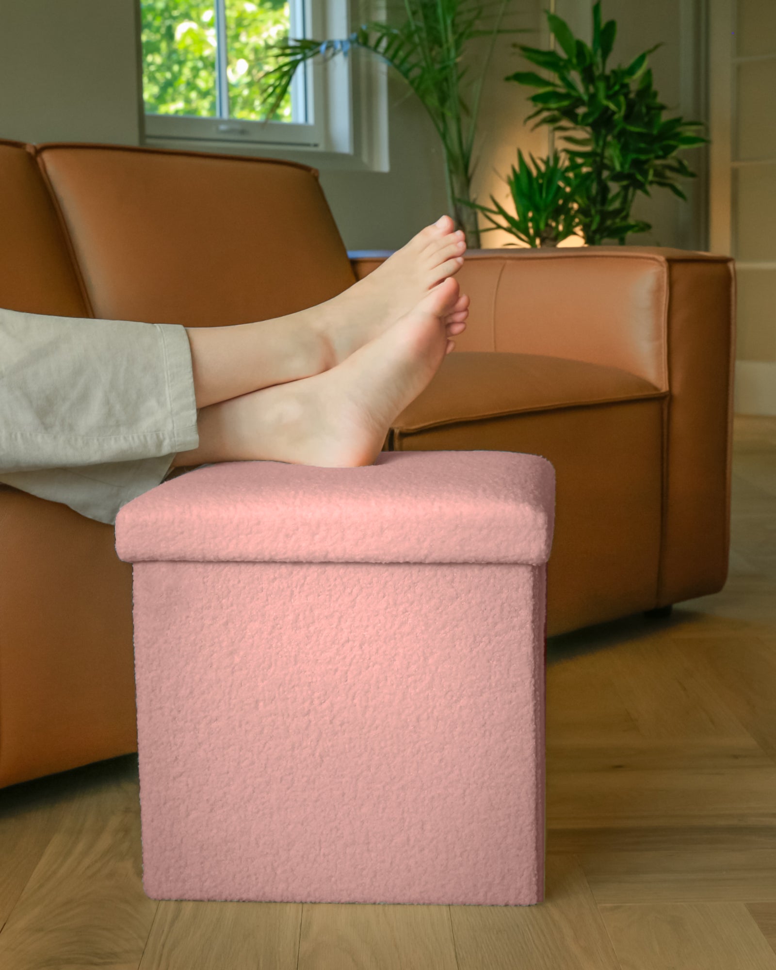 15" Pink Boucle Cube Storage Ottoman