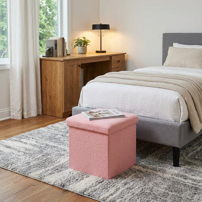 15" Pink Boucle Cube Storage Ottoman