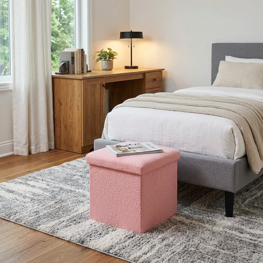 15" Pink Boucle Cube Storage Ottoman