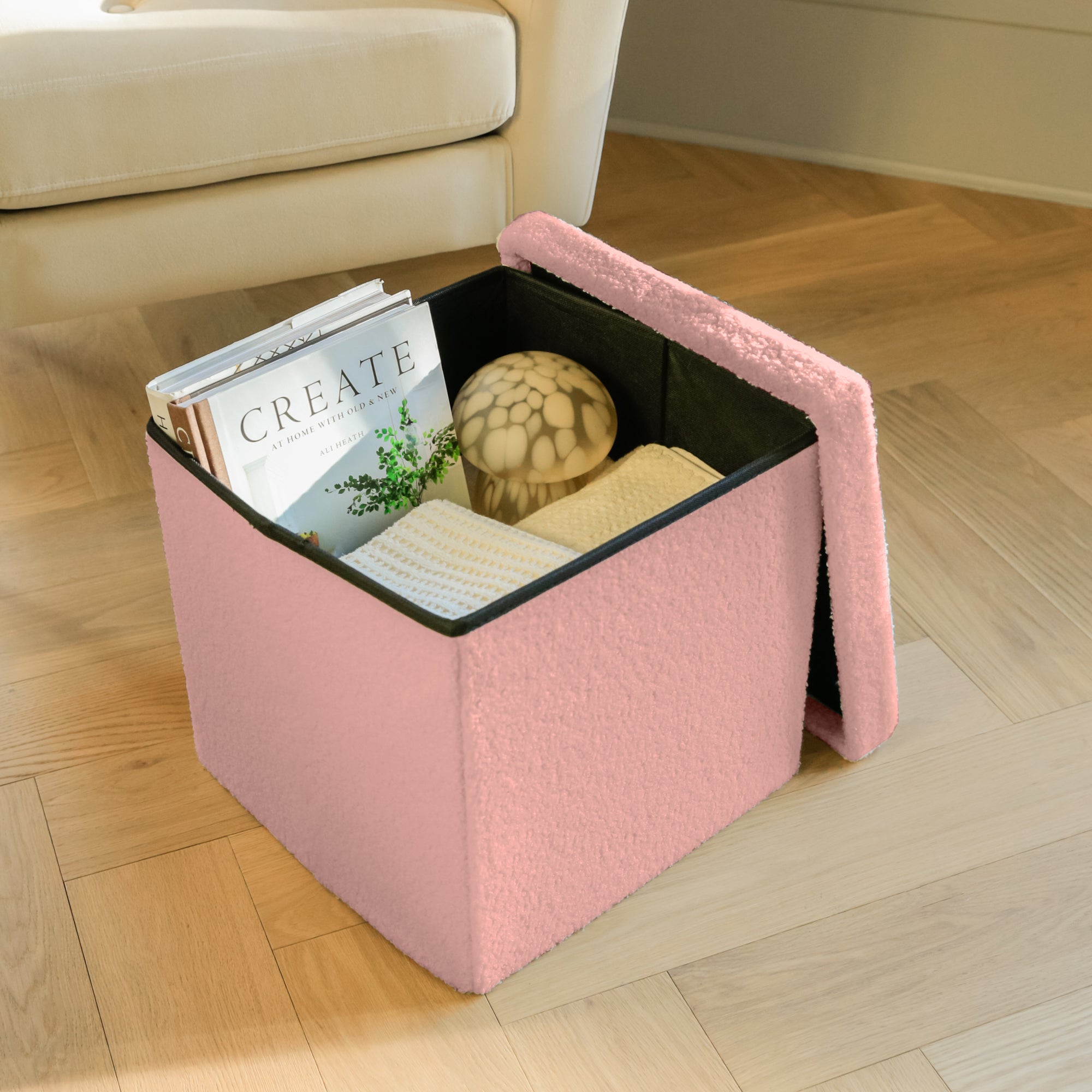 15" Pink Boucle Cube Storage Ottoman
