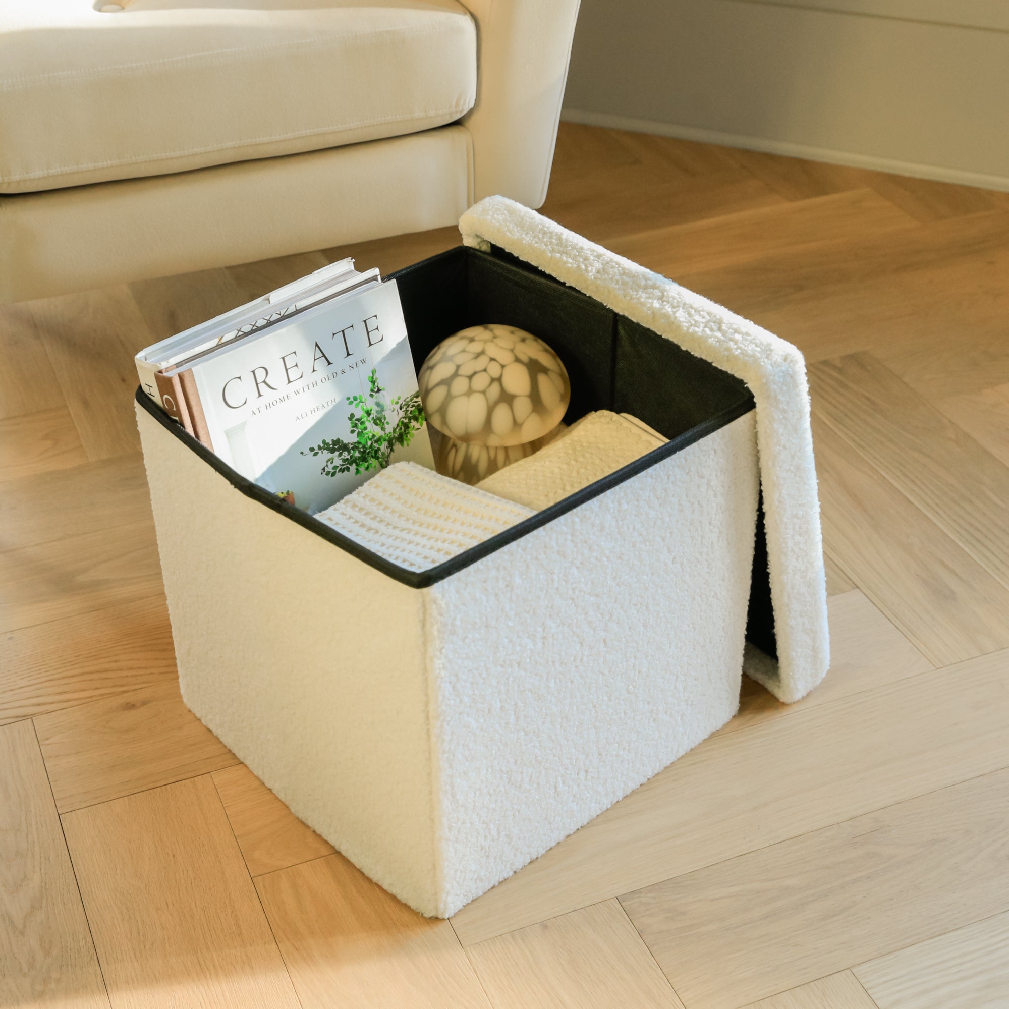 15" White Boucle Cube Storage Ottoman