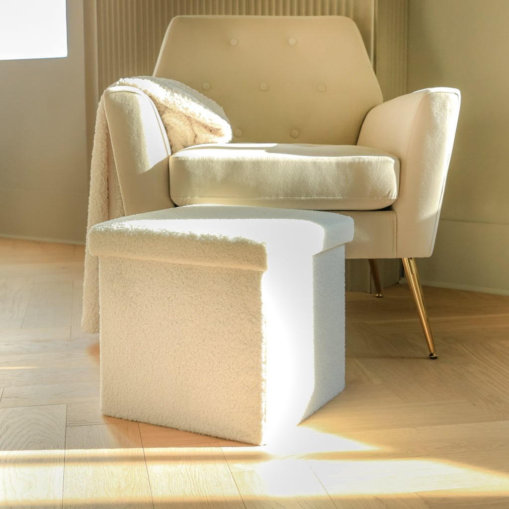 15" White Boucle Cube Storage Ottoman