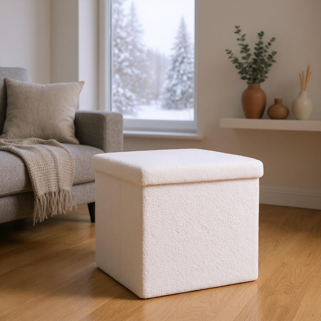 15" White Boucle Cube Storage Ottoman