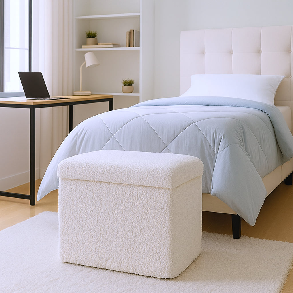 15" White Boucle Cube Storage Ottoman