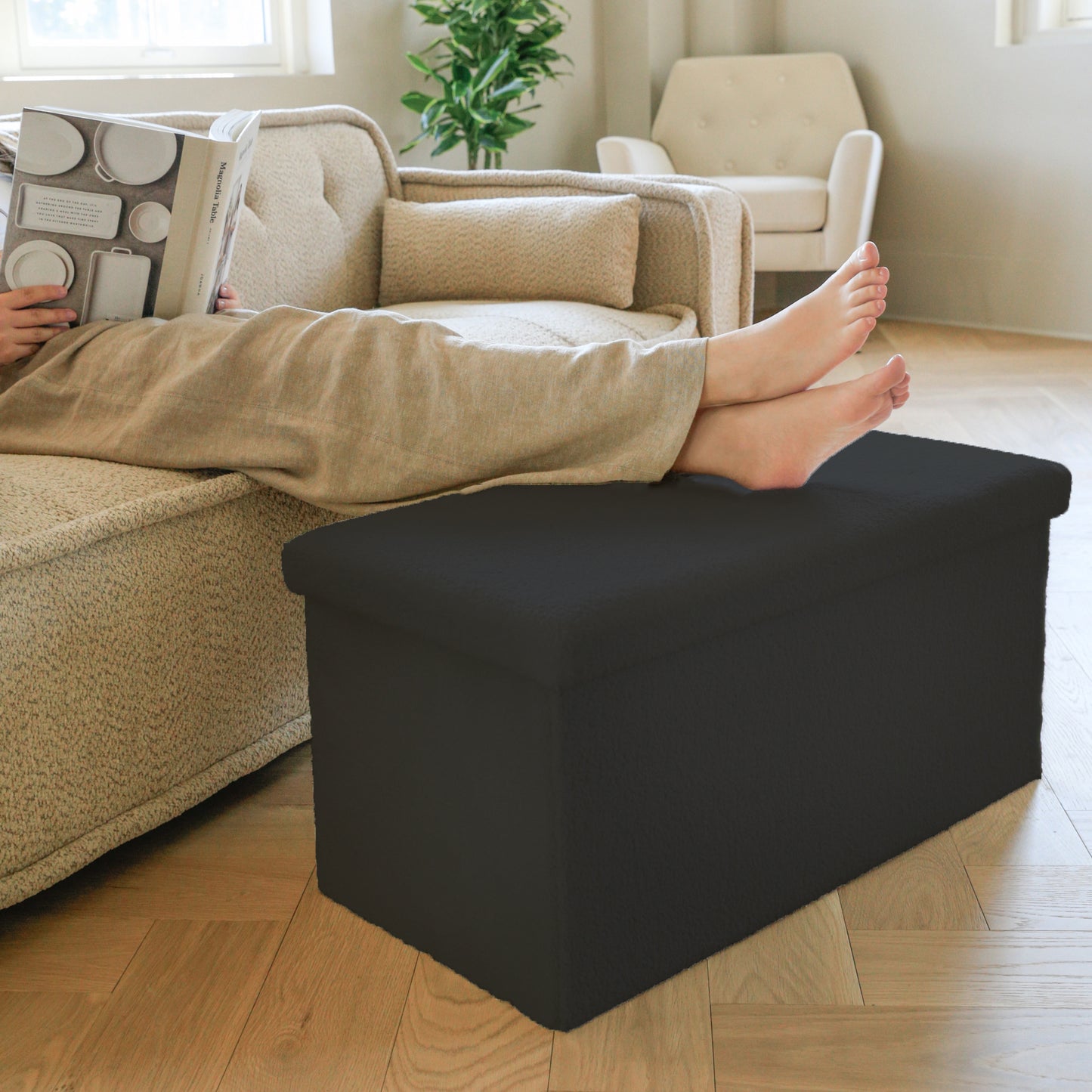 30" Black Boucle Storage Ottoman